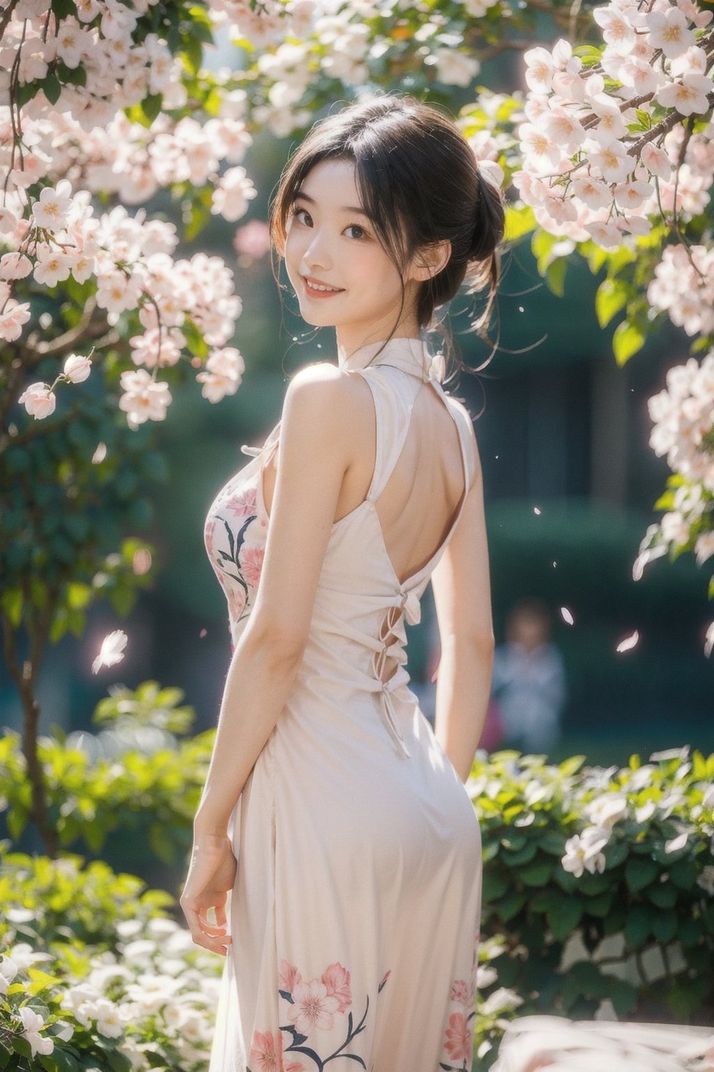 Real photo, a Japanese woman, 19 years old girl, 
 wearing a pink china cheongsam, raising her hands to catch the falling cherry blossoms under the cherry blossom tree, smiling, the pink cherry blossom petals are flying all over the picture, clear and bright, super High quality, exquisite details, delicate and clear facial features, clear body,
,1 girl, Double exposure, real person, Dusk, twilight, sunshine light from back,milf,china dress with heart cutout