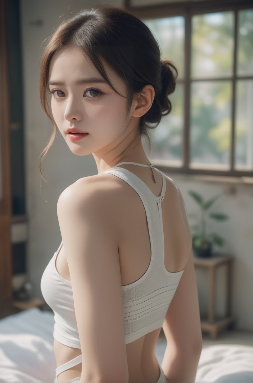 Beautiful woman wearing a tanktop no bra, analog photograph, professional fashion photoshoot, hyperrealistic, masterpiece, trending on artstation,krrrsty中銀大廈,LinkGirl,naked bandage