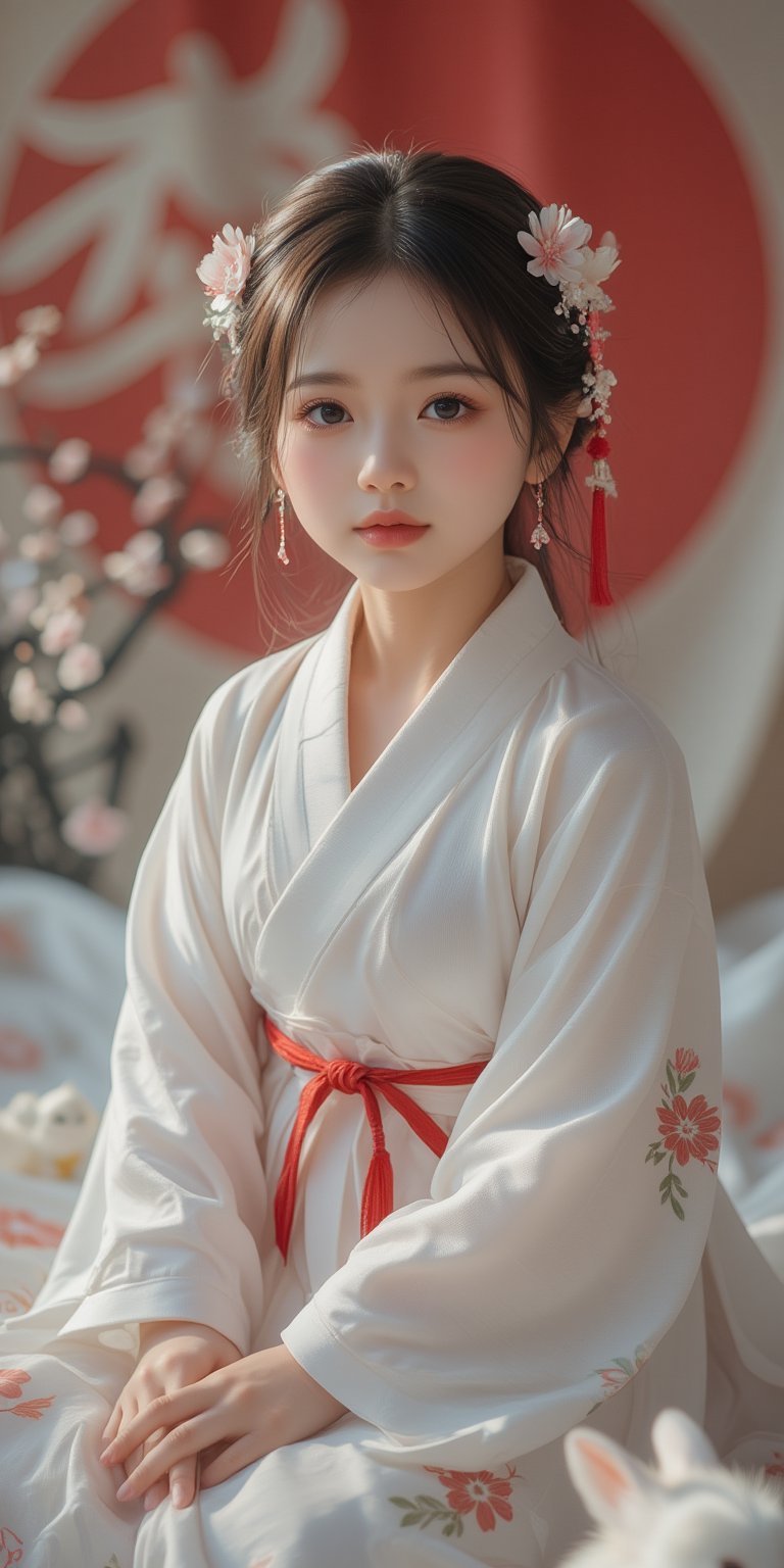 A young baby in a beautiful white kimono sits on a soft, patterned fabric. She is adorned with delicate floral hair ornaments and a red tassel hangs from her waist. Her expression is serene and elegant, her gaze directed towards the viewer. A white rabbit sits beside her, adding a touch of innocence and charm to the scene. The background features a large red circle and a traditional Chinese character, creating a sense of cultural richness and mystique. [Photorealistic portrait, inspired by the works of Annie Leibovitz and Steve McCurry], [Soft, natural light, focus on the woman's face and her elegant pose, blurred background with a sense of depth, textured surfaces, a sense of cultural heritage and beauty], Hanfu, KOLNB, Ahri