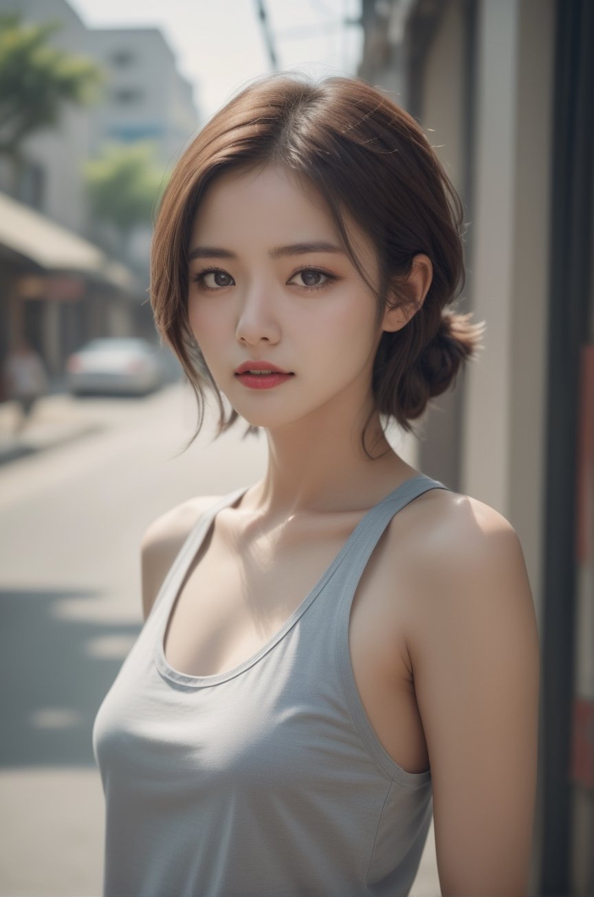 Beautiful woman wearing a tanktop no bra, analog photograph, professional fashion photoshoot, hyperrealistic, masterpiece, trending on artstation,krrrsty中銀大廈,LinkGirl