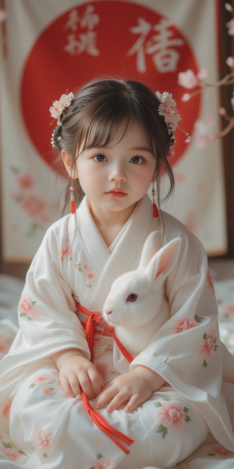 A young baby in a beautiful white kimono sits on a soft, patterned fabric. She is adorned with delicate floral hair ornaments and a red tassel hangs from her waist. Her expression is serene and elegant, her gaze directed towards the viewer. A white rabbit sits beside her, adding a touch of innocence and charm to the scene. The background features a large red circle and a traditional Chinese character, creating a sense of cultural richness and mystique. [Photorealistic portrait, inspired by the works of Annie Leibovitz and Steve McCurry], [Soft, natural light, focus on the woman's face and her elegant pose, blurred background with a sense of depth, textured surfaces, a sense of cultural heritage and beauty], Hanfu, KOLNB, Ahri