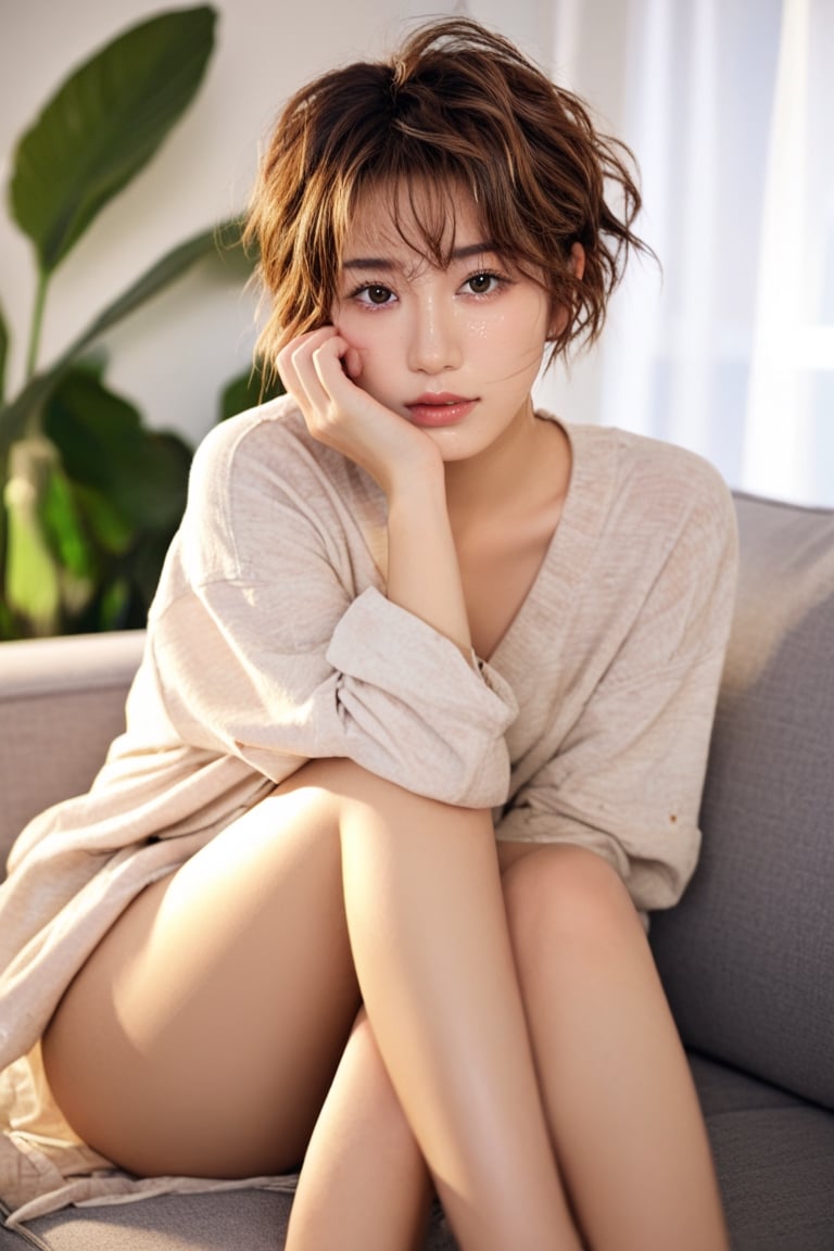 ultrahighres, masterpiece, best quality,  In the morning, with weak natural light, a beautiful japanese woman, 25 years old, with light makeup, (brown|short hair|messy|slightly wet), her mouth is slightly open, (finger stroking her hair), wearing flesh-colored underwear,  Stare ahead,hubggirl, Sitting on the sofa, 