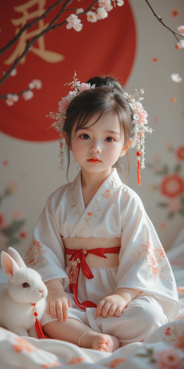 A young baby in a beautiful white kimono sits on a soft, patterned fabric. She is adorned with delicate floral hair ornaments and a red tassel hangs from her waist. Her expression is serene and elegant, her gaze directed towards the viewer. A white rabbit sits beside her, adding a touch of innocence and charm to the scene. The background features a large red circle and a traditional Chinese character, creating a sense of cultural richness and mystique. [Photorealistic portrait, inspired by the works of Annie Leibovitz and Steve McCurry], [Soft, natural light, focus on the woman's face and her elegant pose, blurred background with a sense of depth, textured surfaces, a sense of cultural heritage and beauty], Hanfu, KOLNB, Ahri