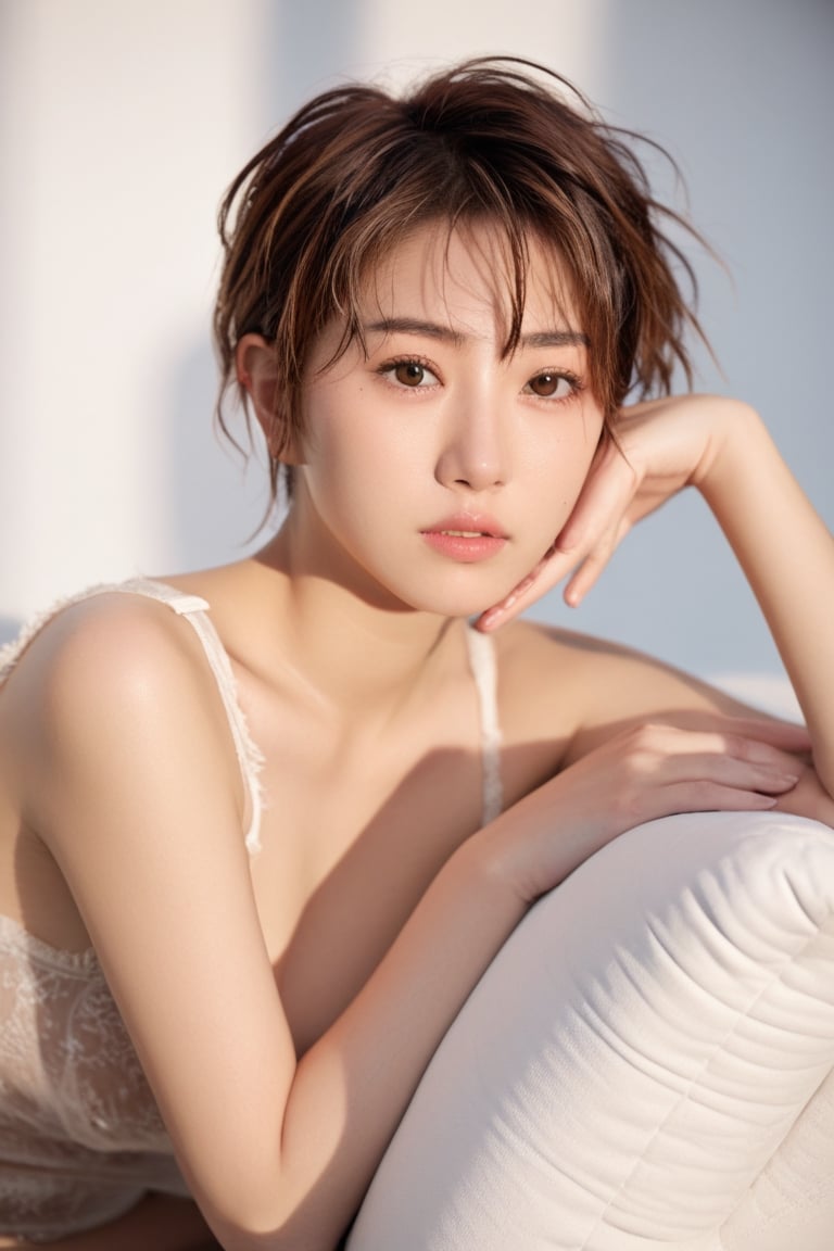 ultrahighres, masterpiece, best quality,  In the morning, with weak natural light, a beautiful japanese woman, 25 years old, with light makeup, (brown|short hair|messy|slightly wet), her mouth is slightly open, (finger stroking her hair), wearing flesh-colored underwear,  Stare ahead,hubggirl, Sitting on the sofa, 