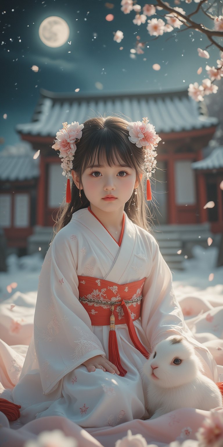 A young baby in a beautiful white kimono sits on a soft, patterned fabric. She is adorned with delicate floral hair ornaments and a red tassel hangs from her waist. Her expression is serene and elegant, her gaze directed towards the viewer. A white rabbit sits beside her, adding a touch of innocence and charm to the scene. The background is a shrine and a starry sky with a full moon, creating a sense of cultural richness and mystique. [Photorealistic portrait, inspired by the works of Annie Leibovitz and Steve McCurry], [Soft, natural light, focus on the woman's face and her elegant pose, blurred background with a sense of depth, textured surfaces, a sense of cultural heritage and beauty], Hanfu, KOLNB, Ahri