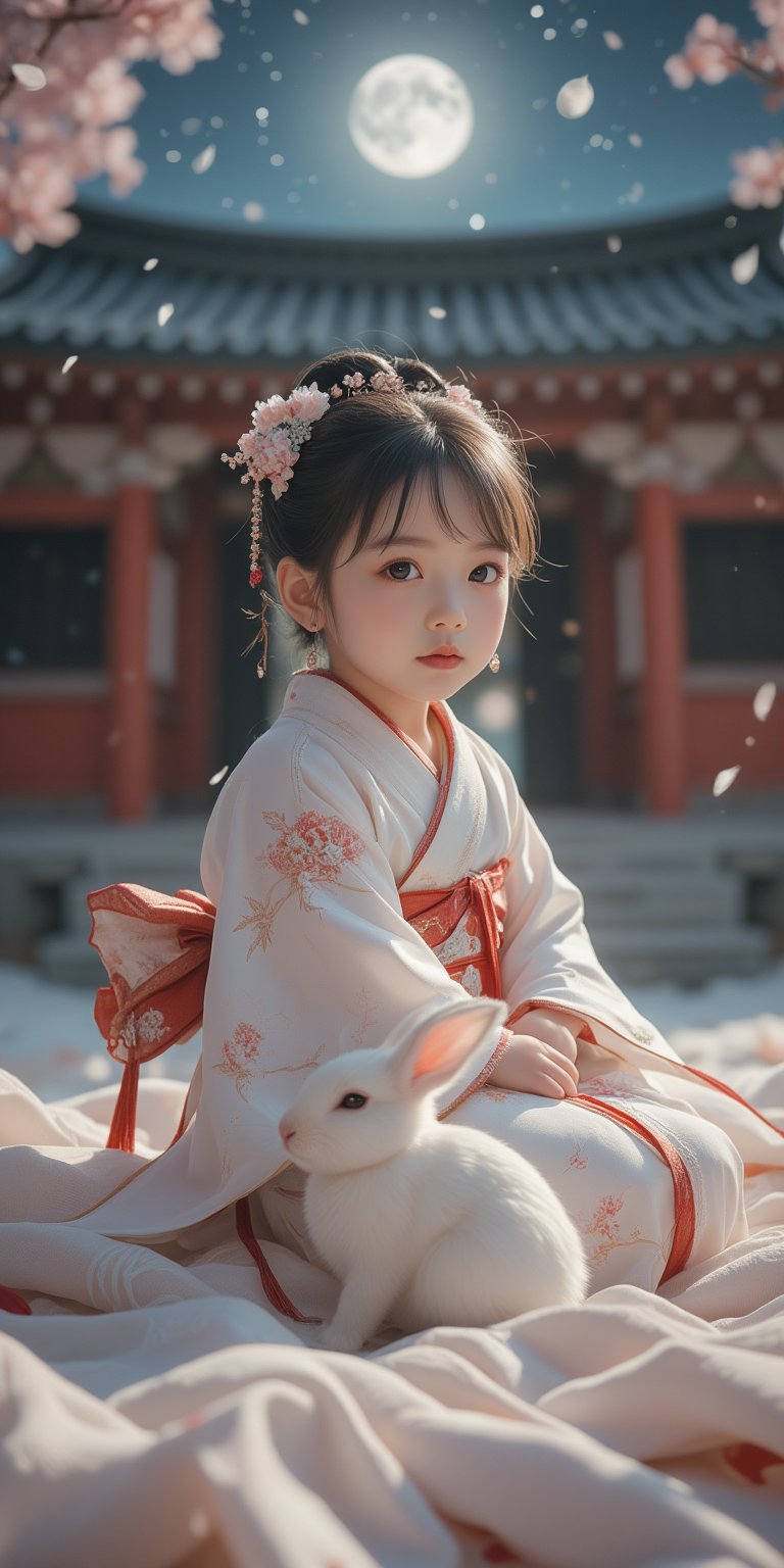 A young baby in a beautiful white kimono sits on a soft, patterned fabric. She is adorned with delicate floral hair ornaments and a red tassel hangs from her waist. Her expression is serene and elegant, her gaze directed towards the viewer. A white rabbit sits beside her, adding a touch of innocence and charm to the scene. The background is a shrine and a starry sky with a full moon, creating a sense of cultural richness and mystique. [Photorealistic portrait, inspired by the works of Annie Leibovitz and Steve McCurry], [Soft, natural light, focus on the woman's face and her elegant pose, blurred background with a sense of depth, textured surfaces, a sense of cultural heritage and beauty], Hanfu, KOLNB, Ahri