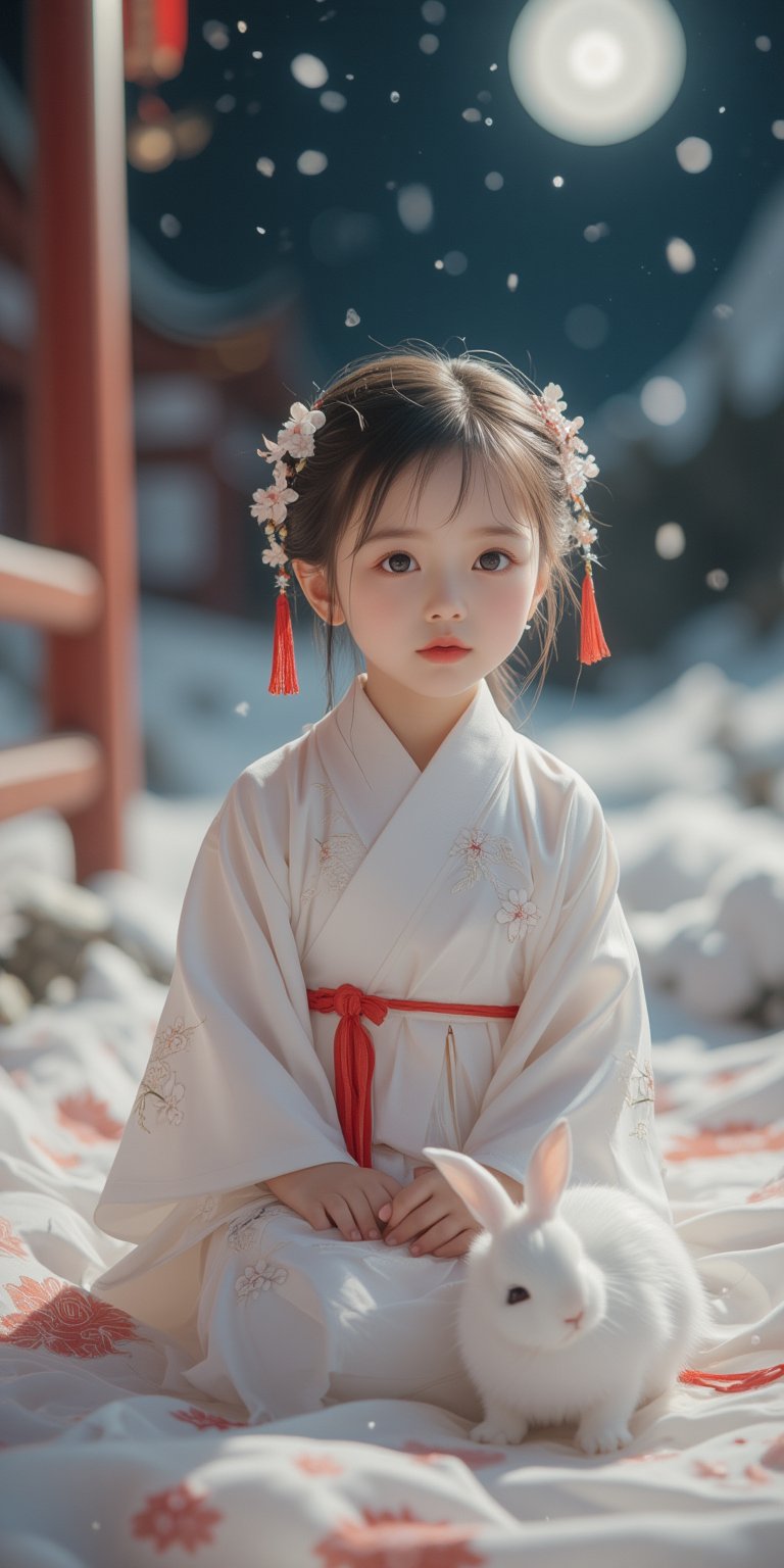 A young baby in a beautiful white kimono sits on a soft, patterned fabric. She is adorned with delicate floral hair ornaments and a red tassel hangs from her waist. Her expression is serene and elegant, her gaze directed towards the viewer. A white rabbit sits beside her, adding a touch of innocence and charm to the scene. The background is a shrine and a starry sky with a full moon, creating a sense of cultural richness and mystique. [Photorealistic portrait, inspired by the works of Annie Leibovitz and Steve McCurry], [Soft, natural light, focus on the woman's face and her elegant pose, blurred background with a sense of depth, textured surfaces, a sense of cultural heritage and beauty], Hanfu, KOLNB, Ahri