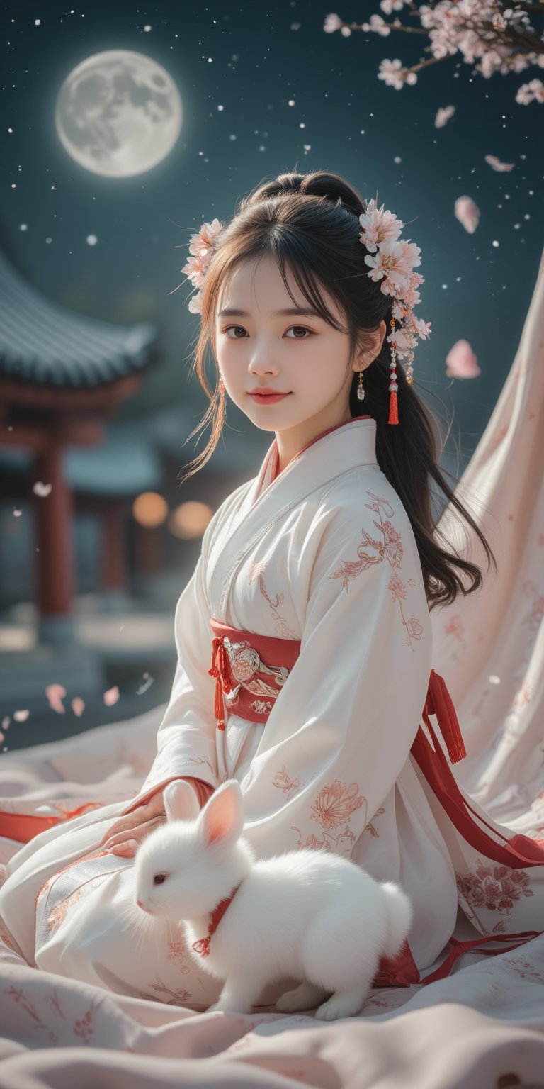 A young baby in a beautiful white kimono sits on a soft, patterned fabric. She is adorned with delicate floral hair ornaments and a red tassel hangs from her waist. Her expression is serene and elegant, her gaze directed towards the viewer. A white rabbit sits beside her, adding a touch of innocence and charm to the scene. The background is a shrine and a starry sky with a full moon, creating a sense of cultural richness and mystique. [Photorealistic portrait, inspired by the works of Annie Leibovitz and Steve McCurry], [Soft, natural light, focus on the woman's face and her elegant pose, blurred background with a sense of depth, textured surfaces, a sense of cultural heritage and beauty], Hanfu, KOLNB, Ahri