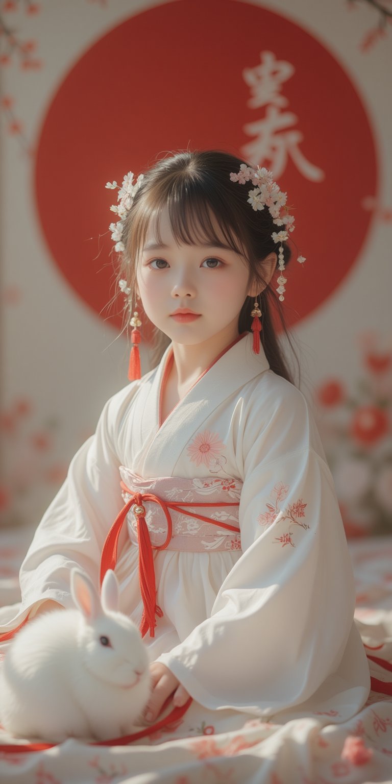 A young baby in a beautiful white kimono sits on a soft, patterned fabric. She is adorned with delicate floral hair ornaments and a red tassel hangs from her waist. Her expression is serene and elegant, her gaze directed towards the viewer. A white rabbit sits beside her, adding a touch of innocence and charm to the scene. The background features a large red circle and a traditional Chinese character, creating a sense of cultural richness and mystique. [Photorealistic portrait, inspired by the works of Annie Leibovitz and Steve McCurry], [Soft, natural light, focus on the woman's face and her elegant pose, blurred background with a sense of depth, textured surfaces, a sense of cultural heritage and beauty], Hanfu, KOLNB, Ahri