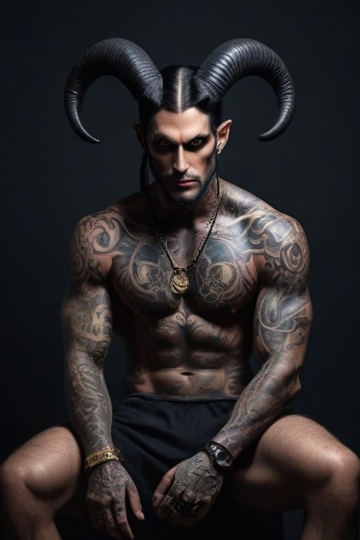 young muscular handsome male devil Baphomet,Naked upper body contemporary interpretation of Baphomet , black latex lengerie, Naked upper body,demonic tattoos adorning the upper body., tattoos could feature occult symbols and dark, adding an element of mystique to the overall appearance, combination creates a fusion of modern style and occult aesthetics, giving Baphomet a contemporary and rebellious edge,H effect. gold.stron legs.armpits.