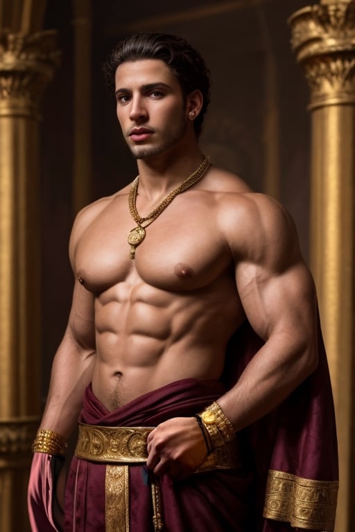 a young muscular matan king of the first dynasties un His residente. attire and jewelry of the time. REALISTIC MASTERPIECE. gold.