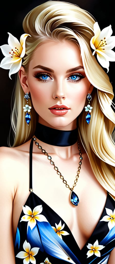 Generate hyper realistic image of a woman with long blonde hair adorned with a delicate hair flower. Her piercing blue eyes gaze directly at the viewer, accentuated by elegant earrings and a subtle choker. She wears a floral-print dress, complemented by exquisite jewelry that includes a necklace and a black choker. With closed lips, she exudes an air of grace and poise, framed by a background adorned with blooming flowers.sexysarah5348437