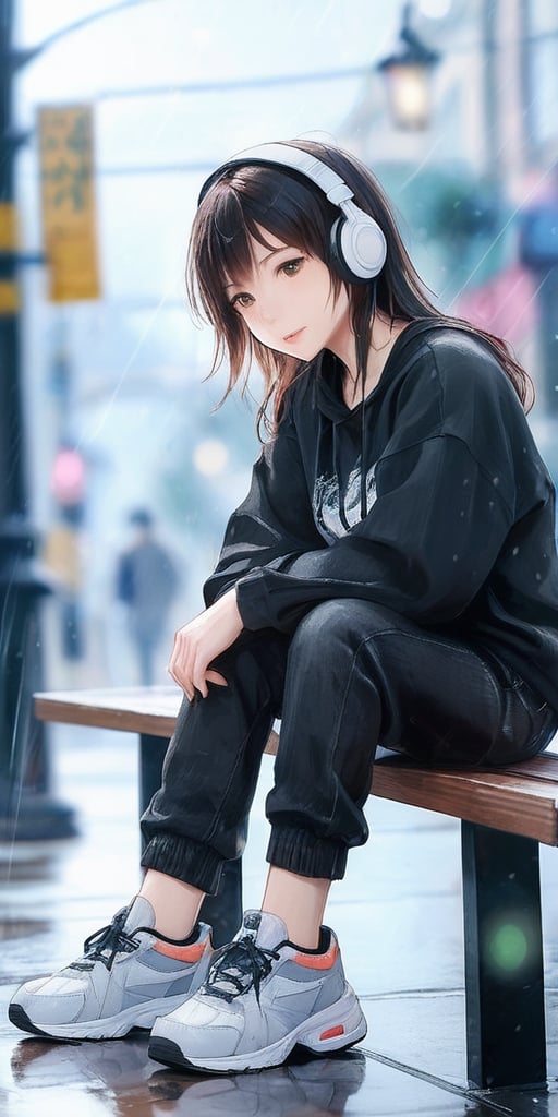 (masterpiece, high quality, 8K, high_res), 
a girl sits on a bench in the rain and looks at the sky, dressed in a sweatshirt, jeans and sneakers, headphone wires are visible, the image conveys the mood of melancholy thoughtfulness, impasse, doubt. Watercolor painting technique, ultra detailed, beautiful,
inspired by  Makoto Shinkai and Toshihiro Kawamoto,sexymaga16235082