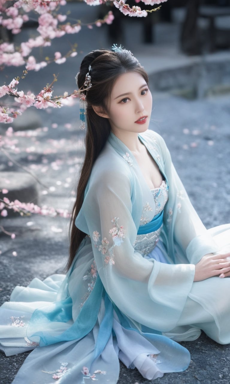 a woman in a blue period dress sitting on the ground,traditional attire,hanfu,cherry blossoms,serene expression,seated pose,ethereal lighting,black background,flowing fabric,reflective surface,high contrast,gentle gaze,soft makeup,pastel colors,blurred petals falling,cultural,fantasy ambiance,elegance,grace,historical costume,fabric draping,photoshoot,artistic composition,side lighting,blue gradient dress,tranquil atmosphere,delicate accessories,hair ornaments.,arien photography,sexyling54894416,sexyqni58919407