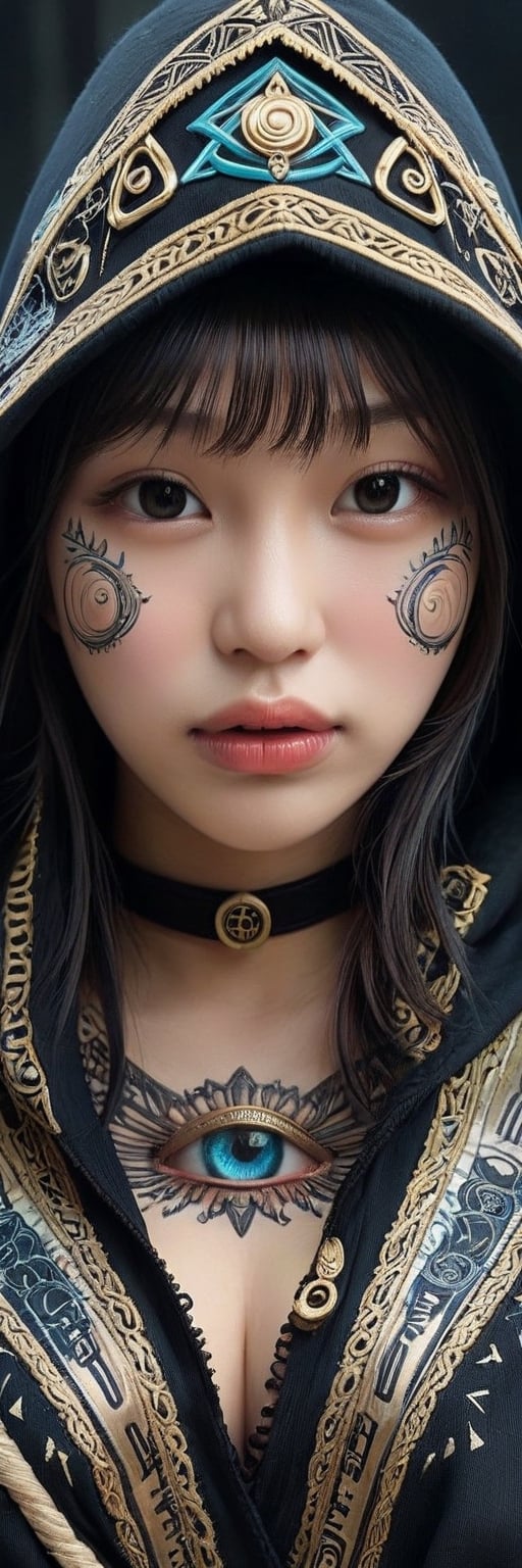 Full facial mask on a hooded female magician warrior adorned with asymmetric designs,closeup portrait, macro photo of miki asai, interwoven arcane and illuminati symbols including Eye of Horus, vibrant hues, hyperdetailed, elaborate craftsmanship, mysterious aura, digital painting, digital illustration, extreme detail, 4k, ultra HD.lace, see-through, (nsfw), ,Eimi,tadai_mahiro