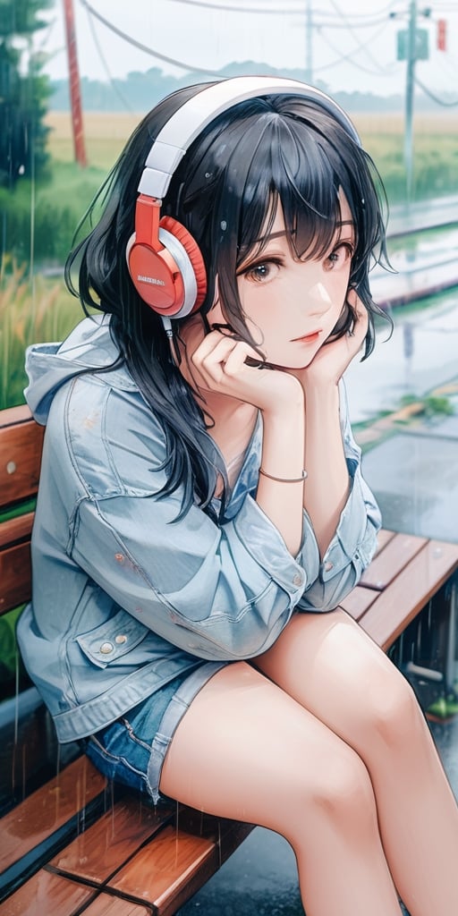(masterpiece, high quality, 8K, high_res), 
a girl sits on a bench in the rain and looks at the sky, dressed in a sweatshirt, jeans and sneakers, headphone wires are visible, the image conveys the mood of melancholy thoughtfulness, impasse, doubt. Watercolor painting technique, ultra detailed, beautiful,
inspired by  Makoto Shinkai and Toshihiro Kawamoto,sexyling54894416