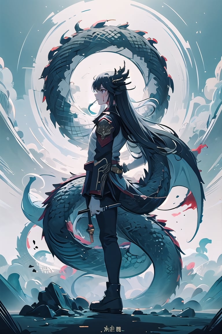 venus,  dragon:1.2 ,Chinese military general , dragon and military general back to back, solo, closed mouth, floating hair, floating, metal,  mechanical body,mechanical,  dragon,complex background,dragon-themed,  dark theme,  holding stick,masterpiece,best,holding a Glaive in his right hand, attack pose, bloody battlefield background,quality,sketch:1.2,drawing:1.2,monochrome,bg_imgs