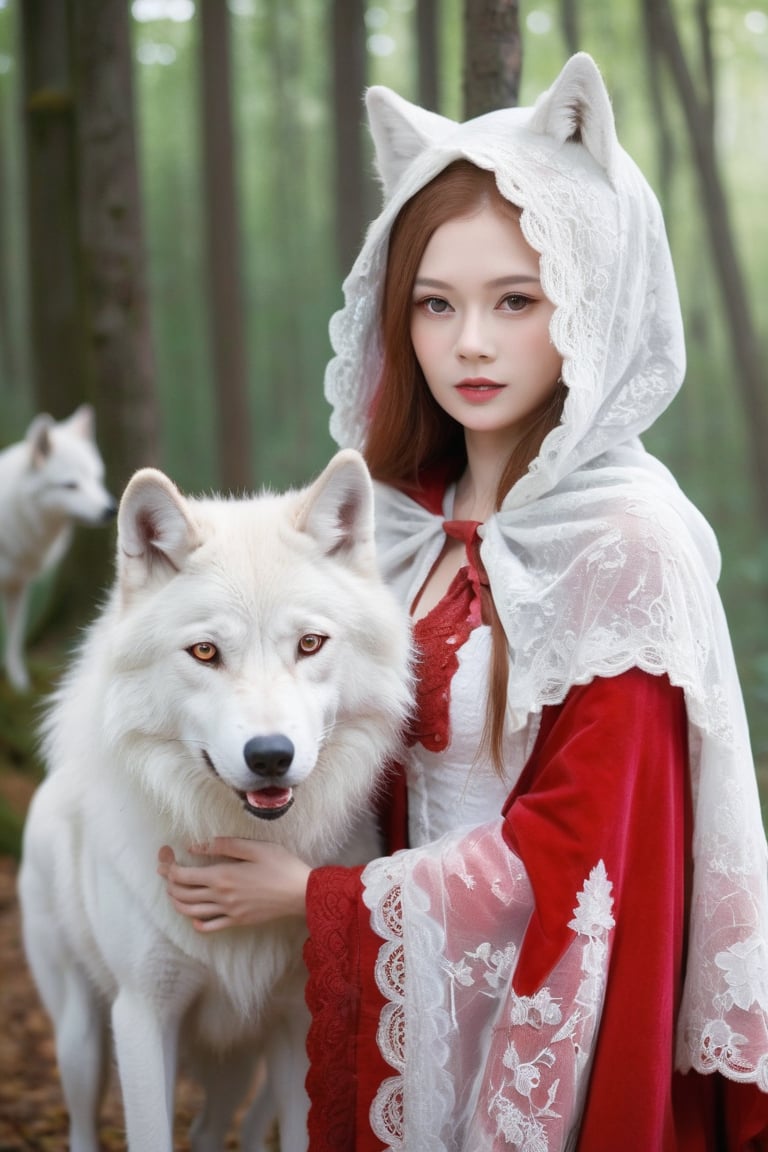 Deep in a magical forest,1 nordic girl, albino Little Red Riding Hood, (and pure white large wolf),1 wolf, wrapped in an intricate red cloak decorated with delicate lace, Red Riding Hood, Pure White Wolf standing by, Gosperson, Dal, Cnd.,InkyCapWitchyHat,sexylingling1094075