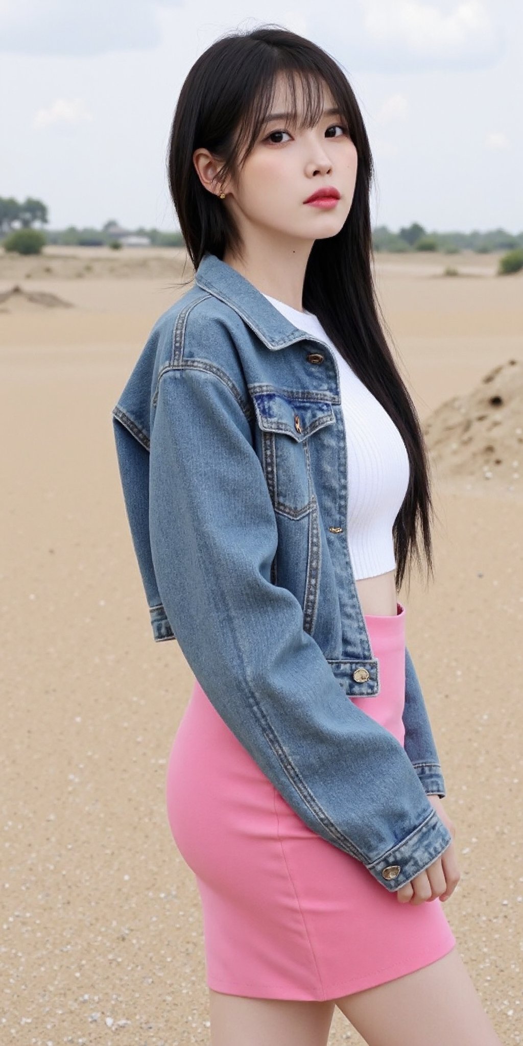 "(Top quality, 8K, high resolution, Artwork: 1.2), Highly detailed, (Realistic, Photorealistic, photo-realistic: 1.37), Portrait, 25 year old woman, wearing a white see through t-shirt under a denim top jacket and a pink medium short adjusted pencil skirt, striking black eyes, long black hair with bangs, ghost town setting, calm atmosphere, professional photography, side profile picture showing her backside, picture taken from backside 