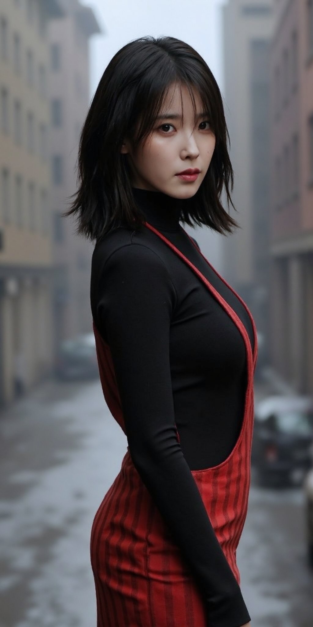 "(Top quality, 8K, high resolution, Artwork: 1.2), Highly detailed, (Realistic, Photorealistic, photo-realistic: 1.37), Portrait, 25 year old woman, wearing a tight bodysuit , striking black eyes, medium bob black hairstyle, ghost town setting, calm atmosphere, professional photography, backside picture, upskirt 