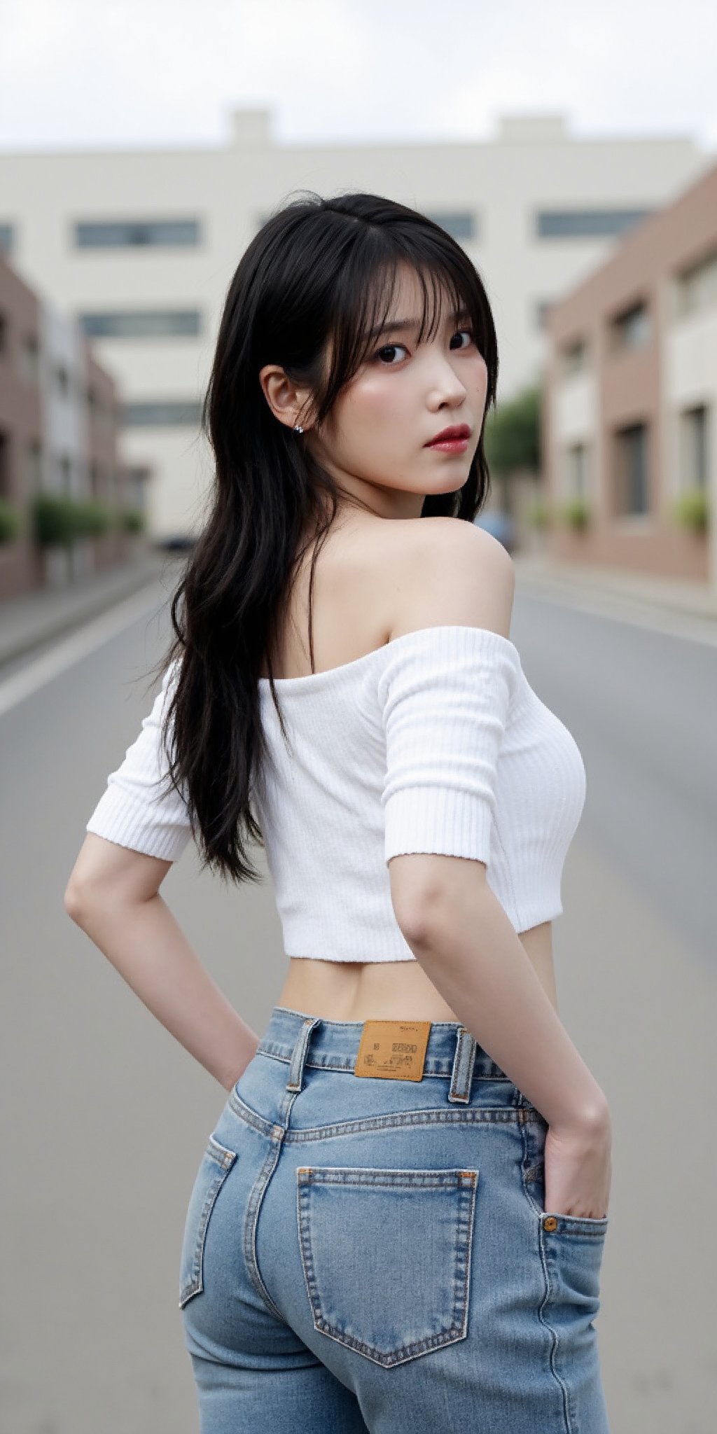 "(Top quality, 8K, high resolution, Artwork: 1.2), Highly detailed, (Realistic, Photorealistic, photo-realistic: 1.37), Portrait, 25 year old woman, in all fours, wearing a white short shirt, tight light blue jeans, striking black eyes, long black hair with bangs, ghost town setting, calm atmosphere, professional photography, side profile picture showing her backside