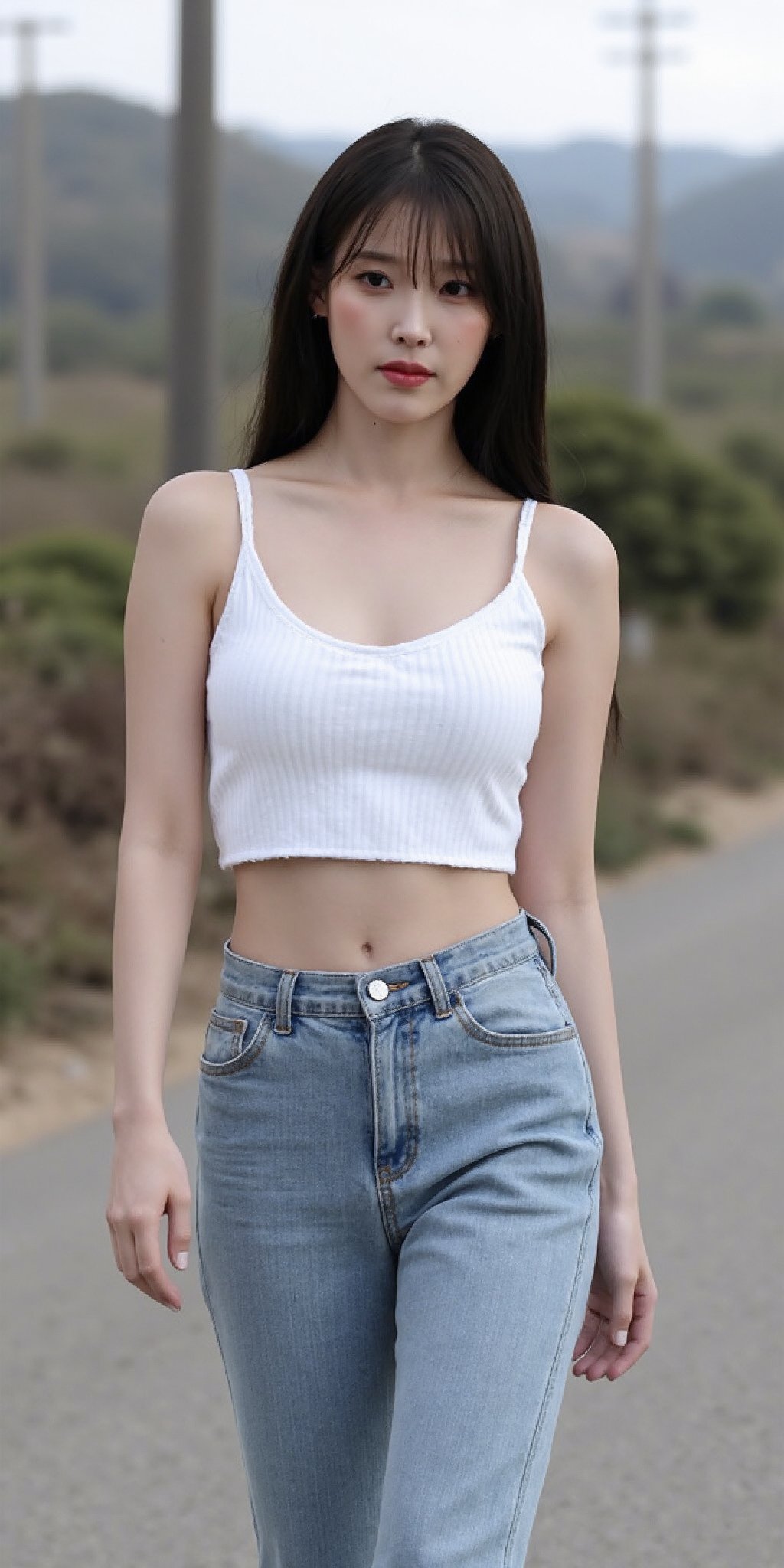 "(Top quality, 8K, high resolution, Artwork: 1.2), Highly detailed, (Realistic, Photorealistic, photo-realistic: 1.37), Portrait, 25 year old woman, walking, wearing a white short shirt, tight light blue jeans, striking black eyes, long black hair with bangs, ghost town setting, calm atmosphere, professional photography, picture taken from behind 