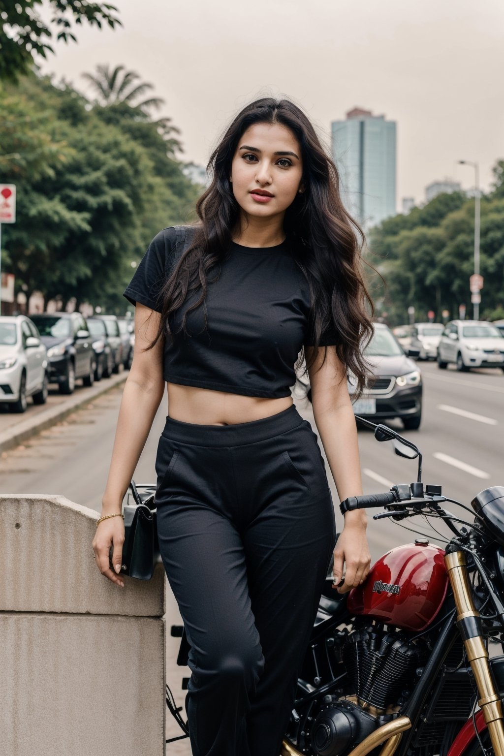 Indian geautiful woman 25 years age ,wearing black t-shirt and pant with a super bike  siting a table , very lookig  in indian actess Nora Fatehi and Sara Ali Khan , full_body, looking_at_viewer, standing in city, ,Indian,1woman, 