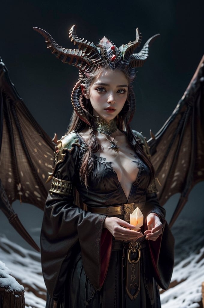 (((Japanese girl face)))ilith,(8k, RAW photo, best quality, masterpiece), (realistic, photorealistic)(best quality, masterpiece, intricate details:1.1), Realistic, Lilith diablo 4, full body, wings, Looking_at_viewer, walking, beach, horror theme, full body, sexy, witch, very pale skin, detailed makeup in cool tones, (long black hair with highlights alternating red and green: 1.3), braided ornaments with tiny twinkling lights glowing gold or blue. Golden and silver eyes shine beautifully, looking deep, with dark purple eye makeup. He wore a long velvet robe decorated with shimmering runic symbols in shades of gold and silver. The cloak is lined with long, eerie contrasting white fur. Lace gloves and Christmas ornaments such as bells or tree decorations A belt with a magic candle holder emitting a warm glow. Glow-in-the-dark crystal pendant necklace. Charming yet mysterious A smile that creates warmth or insecurity depends on Cold and festive yet eerie atmosphere situations call for extraordinary magical creatures like a reindeer with glowing horns or an ice fairy, gentle snow mist that seems to float around her, creating a gloomy fairytale atmosphere that hides Hers is A winter sanctuary decorated with twisted Christmas decorations and eerie magical elements. Creepy, eerie, dark, scary, suspicious, scary, highly detailed, realistic, background sees a burning hell. GAME_Lilith_diablo4_ownwaifu