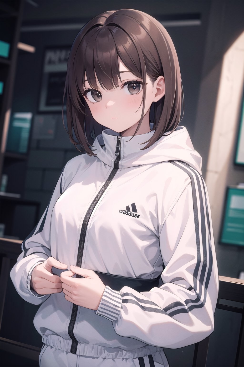 (masterpiece), best quality, high resolution, highly detailed, detailed background, perfect lighting, woman, white hooded adidas tracksuit, brown hair with bangs,