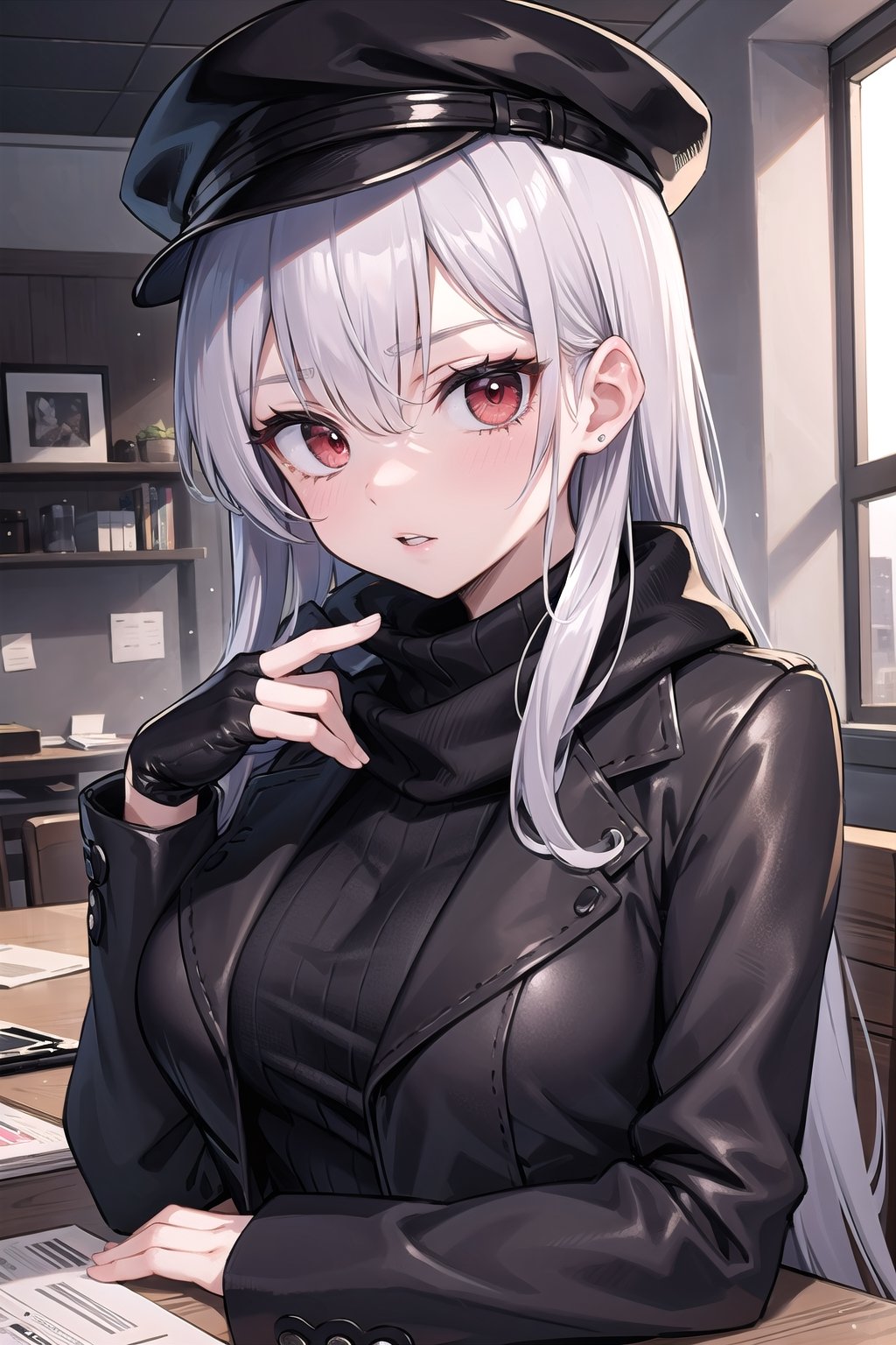 (masterpiece), best quality, high resolution, highly detailed, detailed background, perfect lighting, 1woman, long dark grey hair, long black leather blazer with black cotton turtleneck and black lips, black and grey scarf, black leather hat, black fingerless gloves, (cigarette:0.9), red eyes, moody, middle aged, youthful, mascara, make-up, big eyelashes, office, older woman