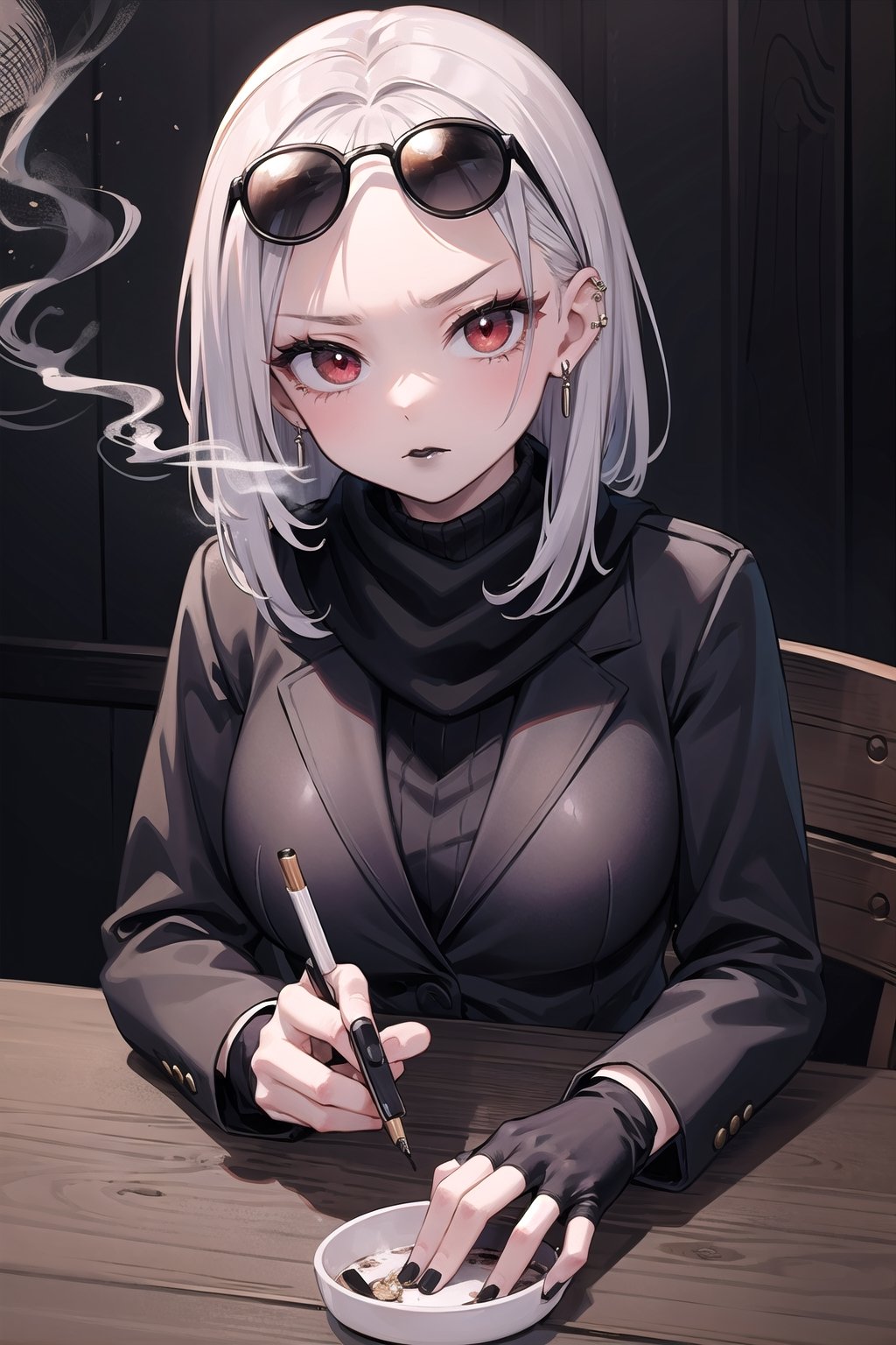 (masterpiece), best quality, high resolution, highly detailed, detailed background, perfect lighting, 1woman, long dark grey hair, long black leather blazer with black cotton turtleneck and black lips, black and grey scarf, black lipstick, black fingerless gloves, (cigarette:0.9), red eyes, moody, middle aged, youthful, mascara, make-up, big eyelashes, office, older woman, ash tray on table, cracked table, cracked wall, smoking, black_lips, long sleeves, sunglasses on forehead, dark room, intimidating womann, wrinkled skin, nose piercing