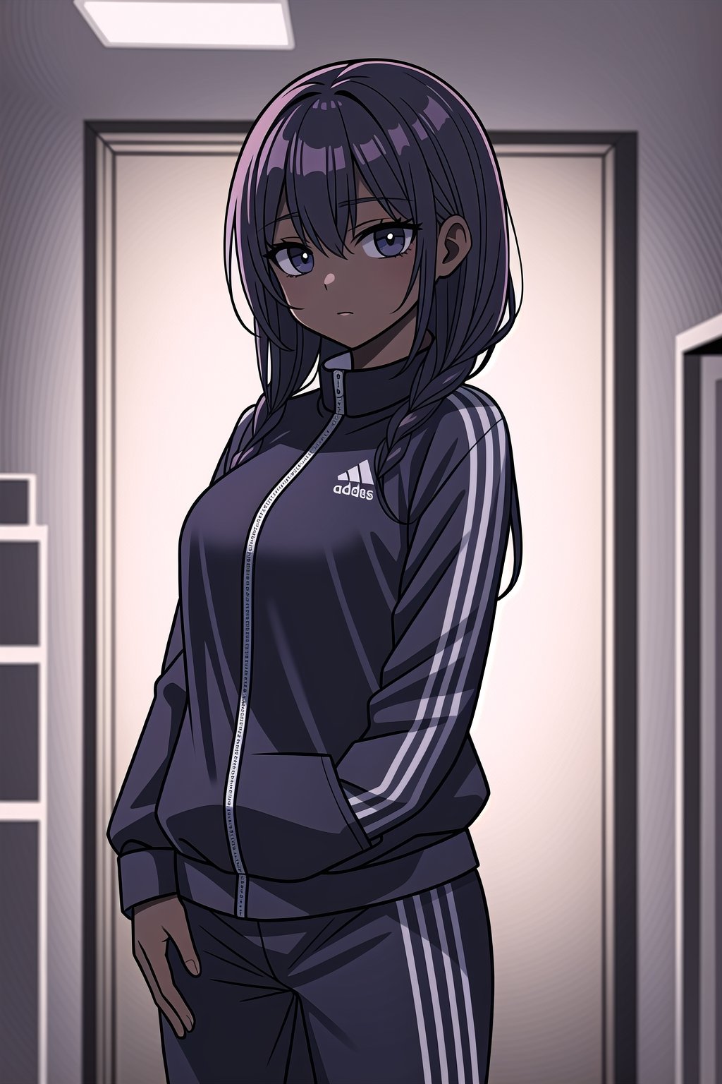 (masterpiece), best quality, high resolution, highly detailed, detailed background, perfect lighting, 1woman, black adidas tracksuit, braided hair,<lora:659111690174031528:1.0>