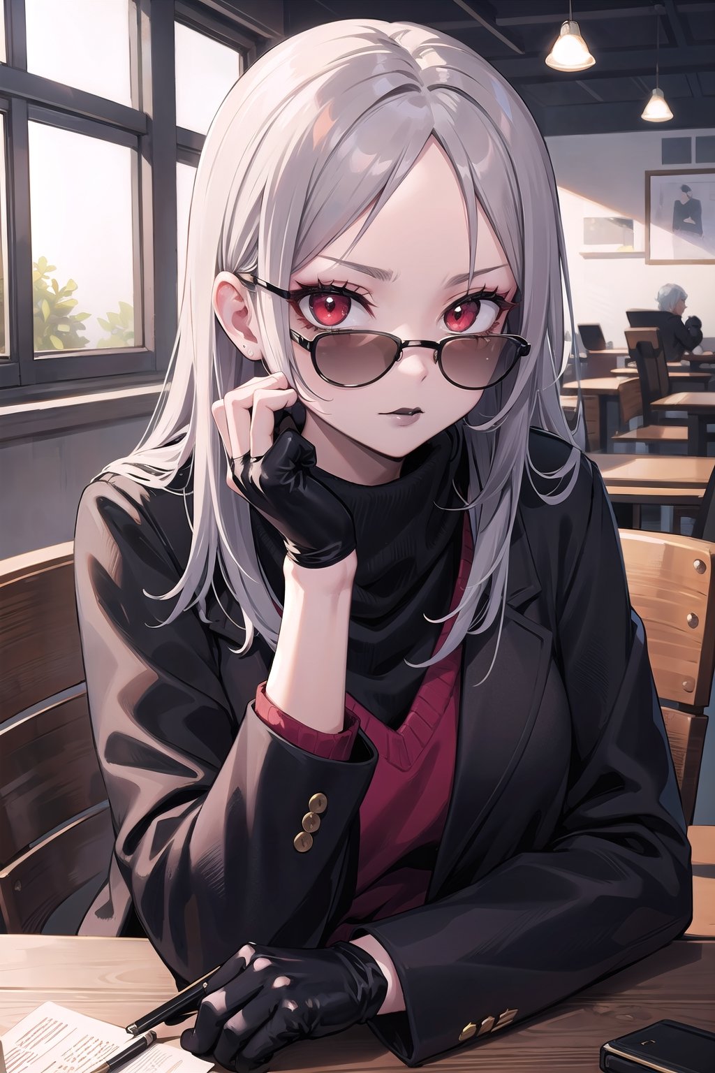 (masterpiece), best quality, high resolution, highly detailed, detailed background, perfect lighting, 1woman, long dark grey hair, long black leather blazer with black cotton turtleneck and black lips, black and grey scarf, black lipstick, black fingerless gloves, (cigarette:0.9), red eyes, moody, middle aged, youthful, mascara, make-up, big eyelashes, office, older woman, ash tray on table, cracked table, cracked wall, smoking, black_lips, long sleeves, sunglasses on forehead