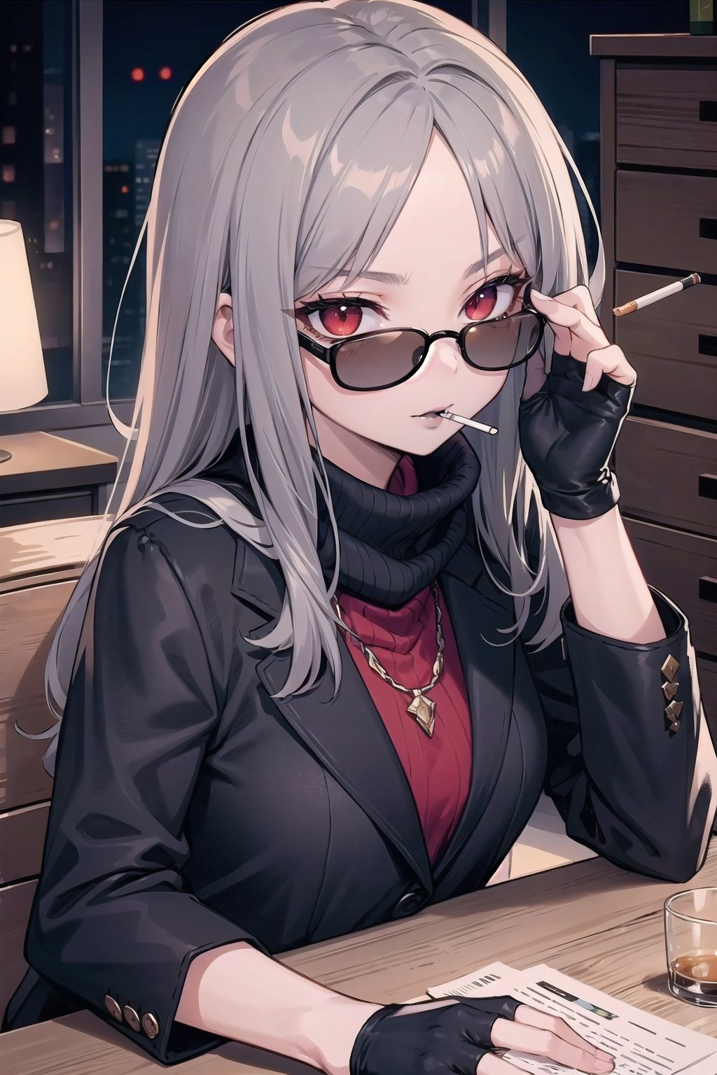 (masterpiece), best quality, high resolution, highly detailed, detailed background, perfect lighting, 1woman, long dark grey hair, long black leather blazer with black cotton turtleneck and black lips, black and grey scarf, black lipstick, black fingerless gloves, (cigarette:0.9), red eyes, moody, middle aged, youthful, mascara, make-up, big eyelashes, office, older woman, ash tray on table, cracked table, cracked wall, smoking, black_lips, long sleeves, sunglasses on forehead