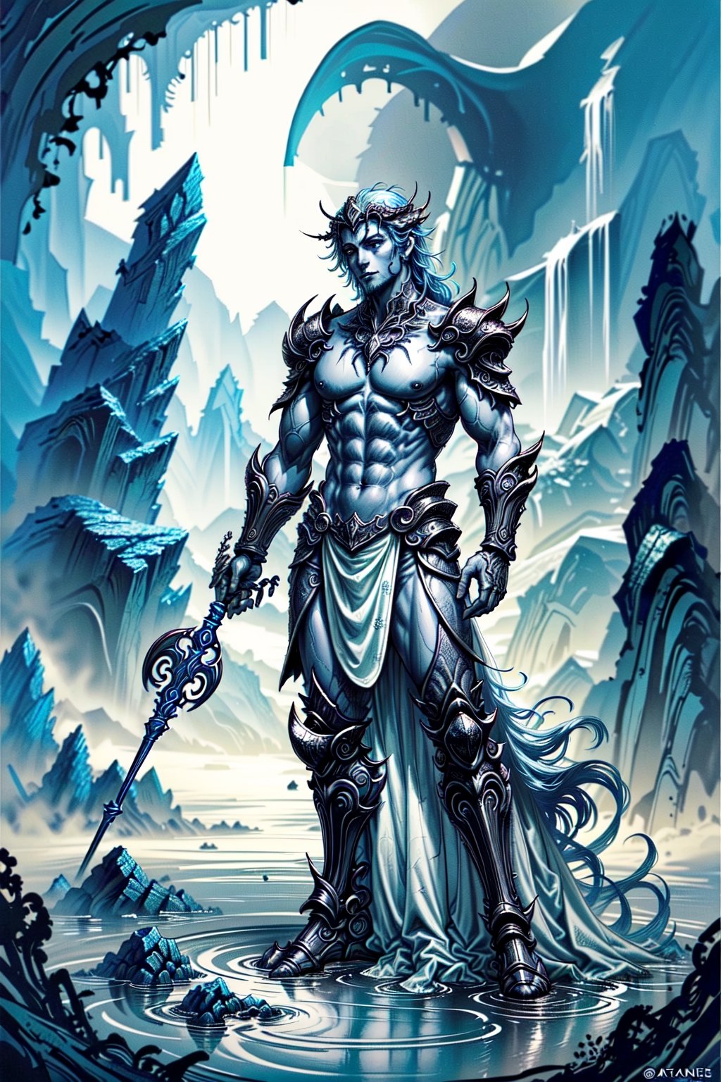 Highly Detailed, Highly Quality,Masterpiece,beatiful, Poseidon, lord of the seas, glowing white eyes, wearing blue garments, trident in hand, commanding the waves of the seas, full body portrait dim volumetric lighting, 8k octane beautifully detailed render, post-processing, portrait, extremely hyper-detailed, intricate, epic composition, cinematic lighting, masterpiece, very very detailed, masterpiece, stunning Detailed matte painting, deep color, fantastical, intricate detail, splash screen, complementary colors, fantasy concept art, 8k resolution trending on Artstation Unreal Engine 5,fantasy00d,chinkstyle