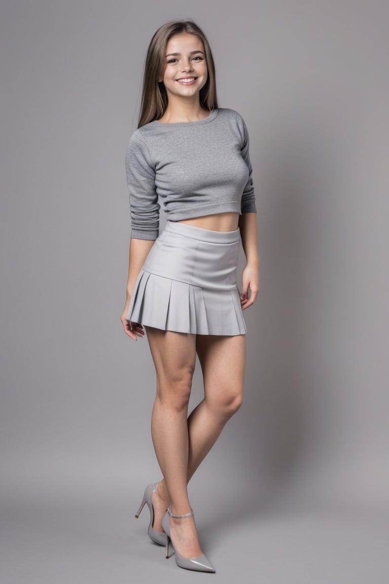 generated a full body view of A young European woman with a smile in a white mini skirt and grey top, in high heels, standing with body turn sideway.