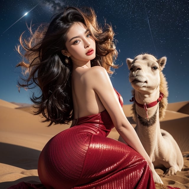   1girl,big_breats,big_ass,curly hair,clevage, red regacy dress,sexy high heels ,Starry Desert Stroll Imagine a beautiful woman riding a camel through the starlit desert. With long, black, curly hair and blue eyes, she wears an elegant red regency dress with a high waistline, accentuating her grace. Her enchanting blue eyes reflect the beauty of the star-filled desert night,morphism,symbolism,pointillism,psychedelic art,oil painting ,photorealistic