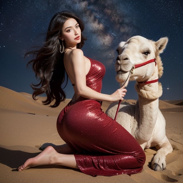   1girl,big_breats,big_ass,curly hair,clevage, red regacy dress,sexy high heels ,Starry Desert Stroll Imagine a beautiful woman riding a camel through the starlit desert. With long, black, curly hair and blue eyes, she wears an elegant red regency dress with a high waistline, accentuating her grace. Her enchanting blue eyes reflect the beauty of the star-filled desert night,morphism,symbolism,pointillism,psychedelic art,oil painting ,photorealistic,Nice legs and hot body