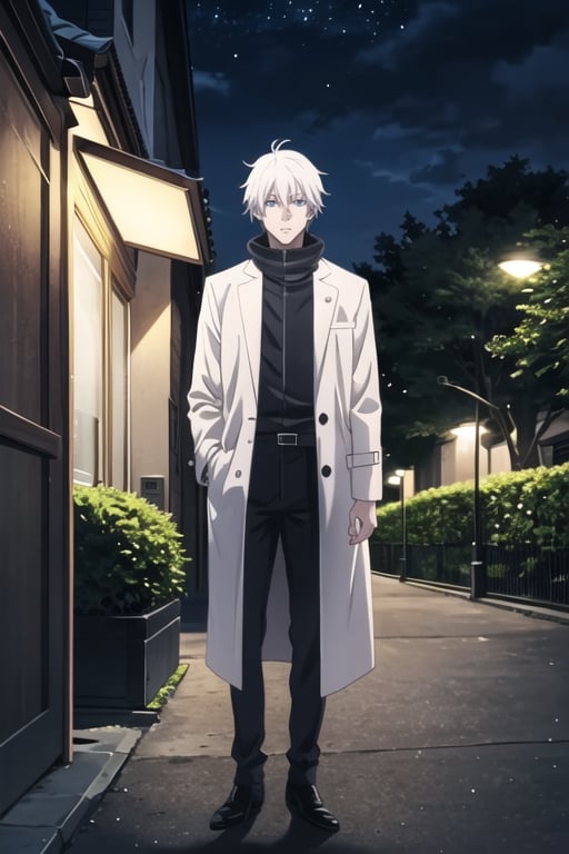 full_body,masterpiece, best quality,190cm,(1man,gojo_satoru),gloomy,another_person,highres,high quality,extremely detailed,solo,SatoruGojo,grandblue eyes,white skin,grim,white hair,(black_coat:1), in park at night