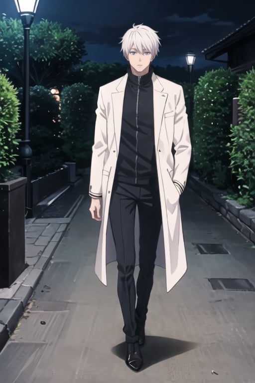 full_body,masterpiece, best quality,190cm,(1man,gojo_satoru),gloomy,highres,high quality,extremely detailed,solo,SatoruGojo,grandblue eyes,white_skin,grim,white_hair,(white_coat_unzipped,:1),(black_pants,black_gloves:1)take_coffee,in park at night,clothing cutout,walking