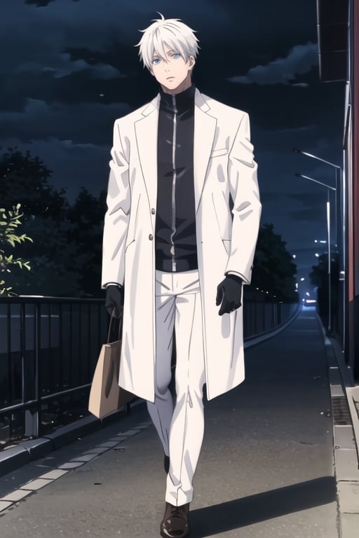 full_body,masterpiece, best quality,190cm,(1man,gojo_satoru),gloomy,another_person,highres,high quality,extremely detailed,solo,SatoruGojo,grandblue eyes,white_skin,grim,white_hair,(white_coat_unzipped,:1),black_pants,black_gloves,in park at night,clothing cutout,walking