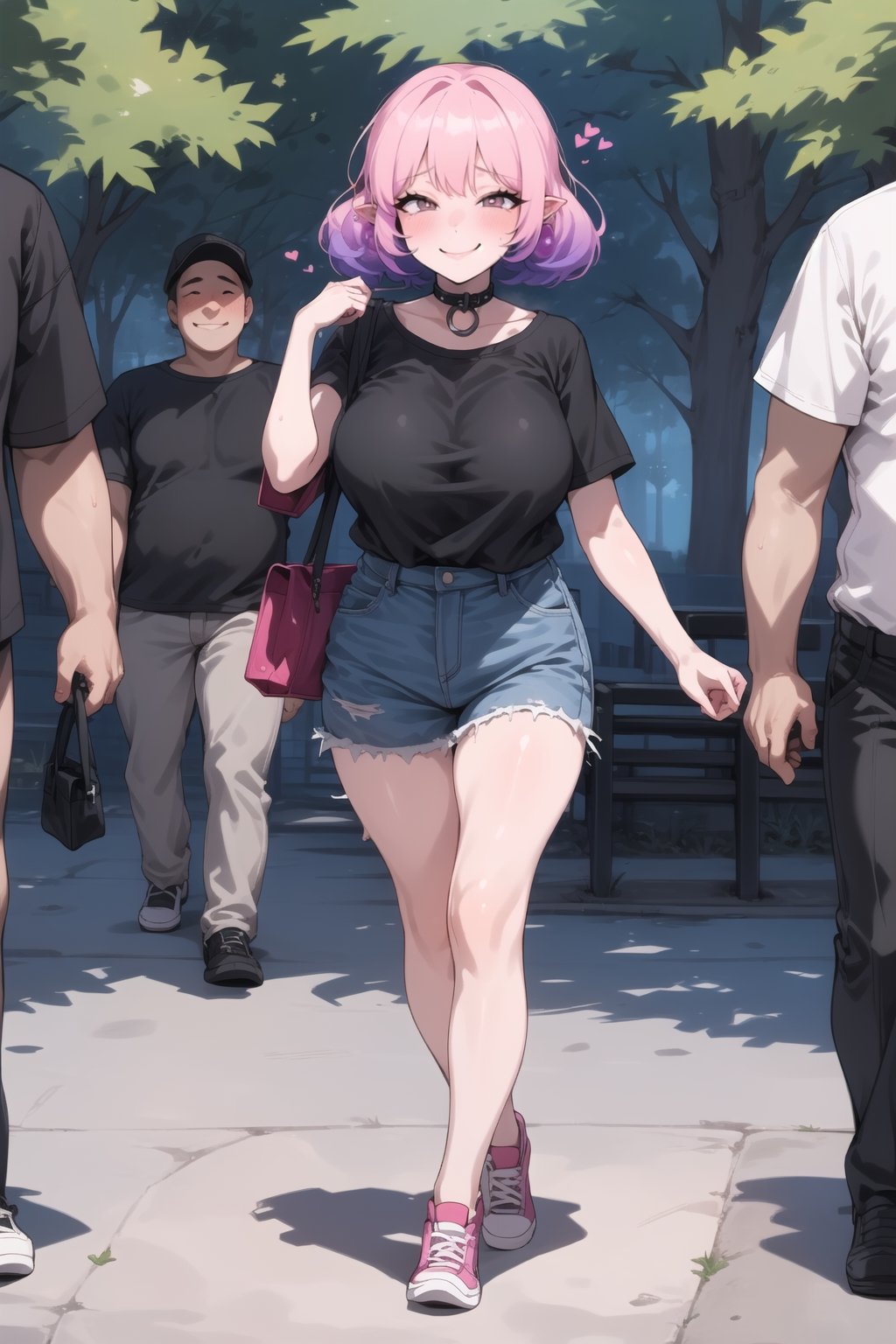(full_body:1.5) ,(((focus_1girl,))),smile:0.1,blush:0.1,shushing,cute,((lucid:1)),pink_hair,beautiful_face,160cm,(huge_breasts,huge_tits, fat_thighs:0.6),Casual_Wear,in park,dating_with_(white_hair_man),walking