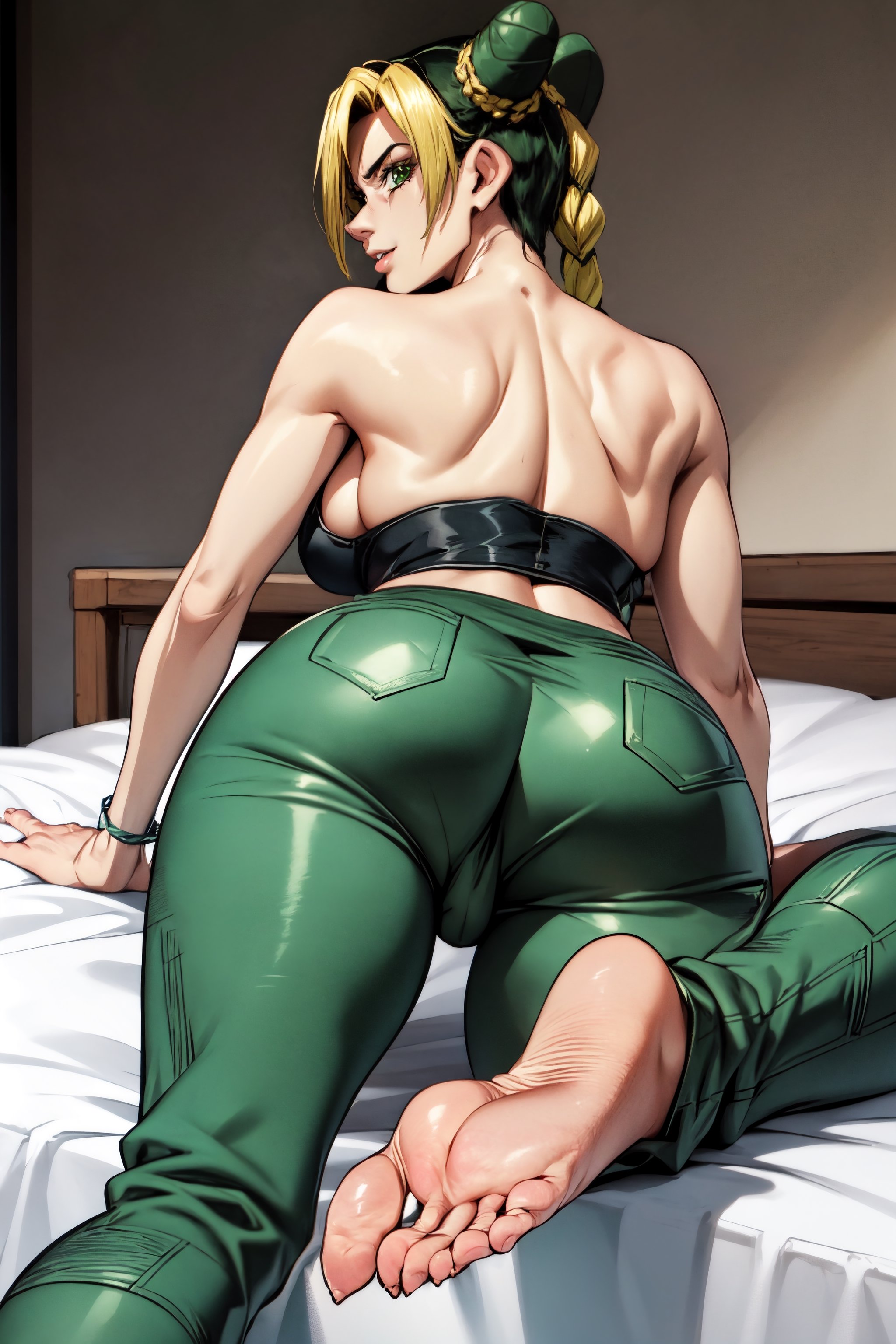 masterpiece, best quality, FFA, feet, foot focus, good soles, looking at viewer, Jolyne Cujog, JoJos Bizzare adventure , Jolyne sitting on a bed, looking back at the viewer laughing hard, she has her feet kicked up behind her towards the viewer, blonde hair, green eyes, medium breasts, sideboob, Wearing green shirt, green pants covering half of ass, ass sticking out of pants, juicy ass, wearing, soles, crazy eyes, pissed off, close up view of her Ass and soles, She is extending her beautiful extremely realistically textured feet soles towards the viewer, full color, natural lighting