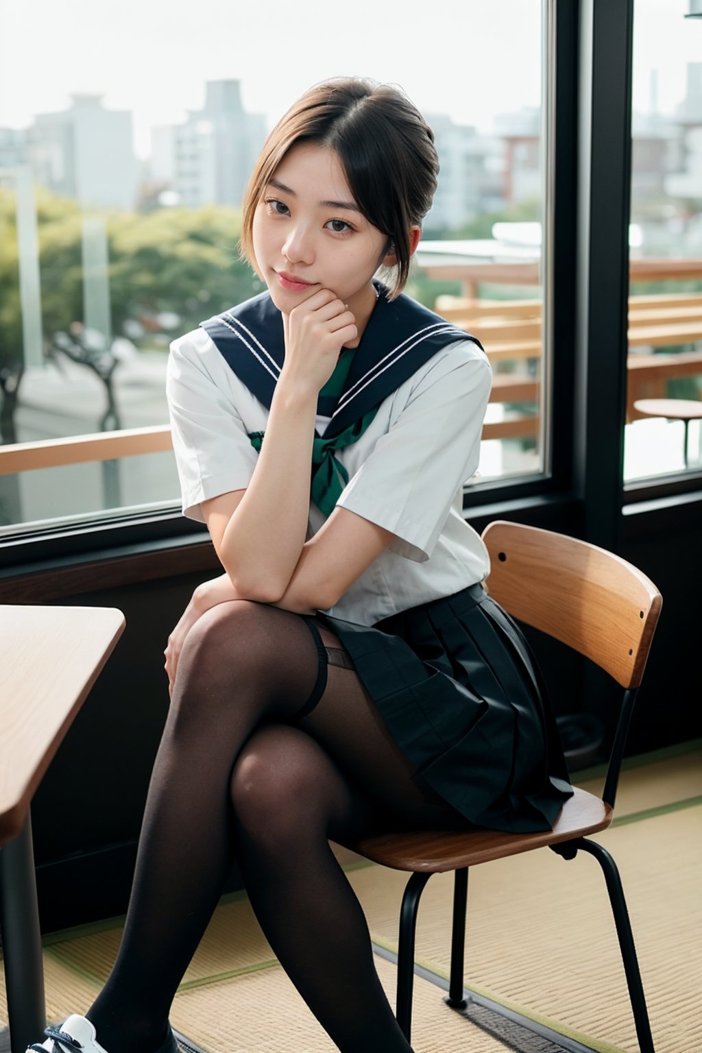 1 girl , taiwanese,  20_years old ,Asia, senior hight school, D cup, {{short_hair the ends are cut around chin length}}, Sailor suit uniform, skirt, {{4K_quality}}, ((japanese_JK_uniform)), Extremely Realistic, smaller head,studentofMisery, Fujifilm_camera , Aperture _F1.4, XF56mmF1.4 ,full-body shot, Bokeh, IG: iwakura shiori, stockings,canvas shoes, seat on the chair, {{window next to starbucks}}, Backlight, sideways ,{{ silhouette}}, indoor only sun light,time is 3P.M.,  turning head to look like a camera, No light indoors, light only form windows,Hands on the table, one hand resting on the chin, coffee cup on the table, film_style, cross her legs, Zettai Ryōiki