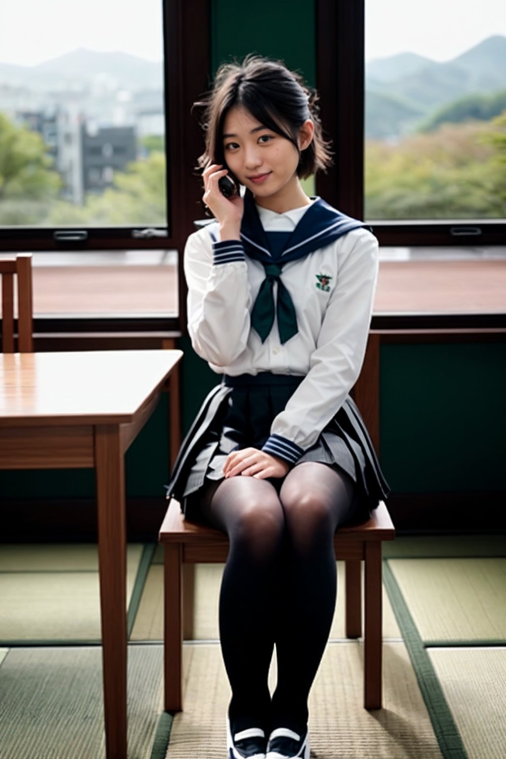 1 girl , taiwanese,  25_years old ,Asia, senior hight school, D cup, {{short_hair the ends are cut around chin length}}, Sailor suit uniform, skirt, {{4K_quality}}, ((japanese_JK_uniform)), Extremely Realistic, smaller head,studentofMisery, Fujifilm_camera , Aperture _F1.4, XF56mmF1.4 ,full-body shot, Bokeh, IG: iwakura shiori, stockings,canvas shoes, seat on the chair, {{window next to starbucks}}, Backlight, sideways ,{{ silhouette}}, indoor only sun light,time is 3P.M.,  turning head to look like a camera, No light indoors, light only form windows,Hands on the table, one hand resting on the chin, coffee cup on the table, film_style, cross her legs, Zettai Ryōiki