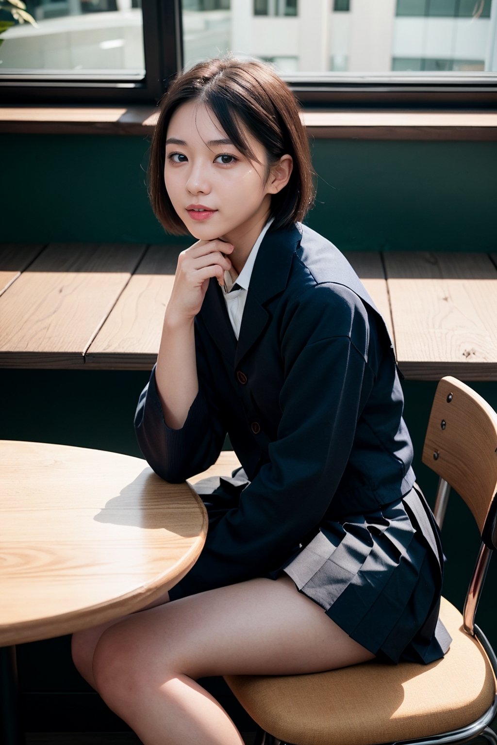 1 girl , taiwanese,  25_years old ,Asia, senior hight school,   {{short_hair the ends are cut around chin length}}, Sailor suit uniform, skirt, {{4K_quality}}, ((japanese_JK_uniform)), Extremely Realistic, smaller head,studentofMisery, Fujifilm_camera , Aperture _F1.4, XF56mmF1.4 ,full-body shot, Bokeh, IG: iwakura shiori, stockings,canvas shoes, seat on the chair, {{window next to starbucks}}, Backlight, sideways ,{{ silhouette}}, indoor only sun light,time is 3P.M.{{Half-body close-up}}, facing forward, turning head to look like a camera, No light indoors, light only form windows,Hands on the table, one hand resting on the chin, coffee cup on the table, film_style, cross her legs