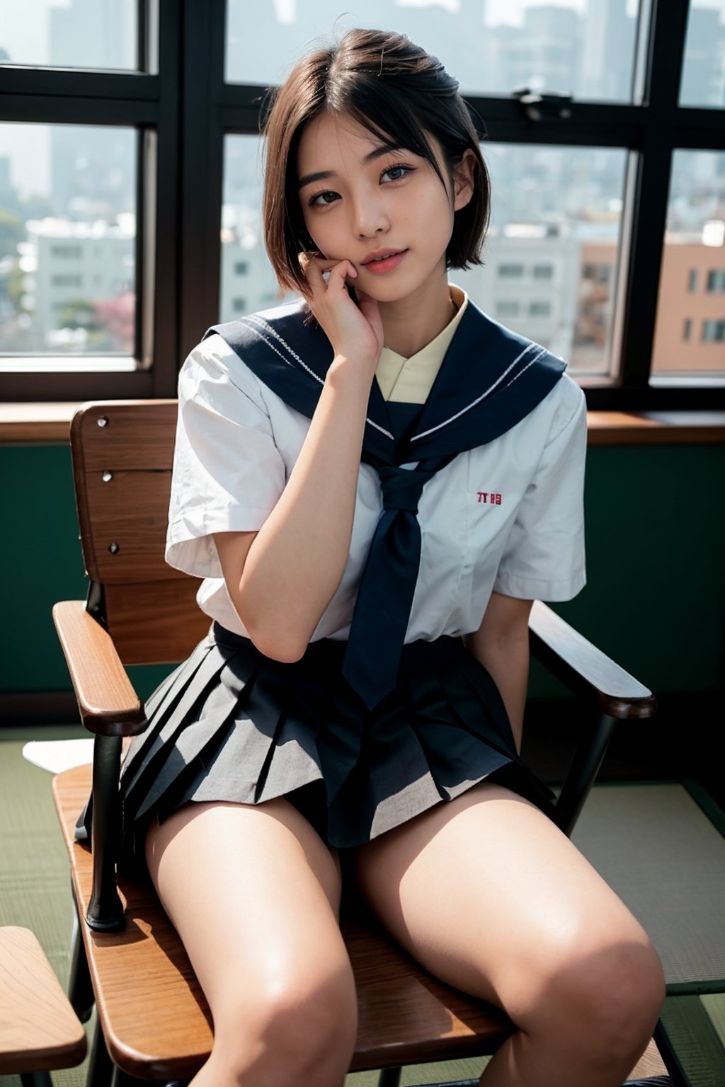 1 girl , taiwanese,  20_years old ,Asia, senior hight school, D cup, {{short_hair the ends are cut around chin length}}, Sailor suit uniform, skirt, {{4K_quality}}, ((japanese_JK_uniform)), Extremely Realistic, smaller head,studentofMisery, Fujifilm_camera , Aperture _F1.4, XF56mmF1.4 ,full-body shot, Bokeh, IG: iwakura shiori, stockings,canvas shoes, seat on the chair, {{window next to starbucks}}, Backlight, sideways ,{{ silhouette}}, indoor only sun light,time is 3P.M.,  turning head to look like a camera, No light indoors, light only form windows,Hands on the table, one hand resting on the chin, coffee cup on the table, film_style, cross her legs, Zettai Ryōiki