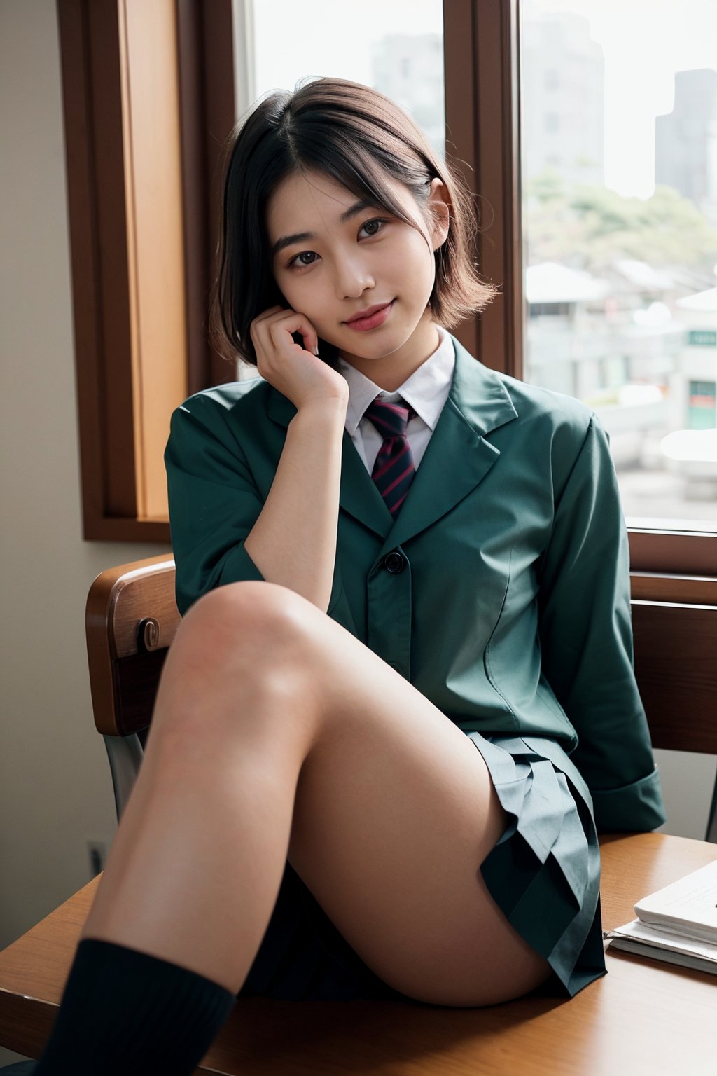 1 girl , taiwanese,  20_years old ,Asia, senior hight school, D cup, {{short_hair the ends are cut around chin length}}, Sailor suit uniform, skirt, {{4K_quality}}, ((japanese_JK_uniform)), Extremely Realistic, smaller head,studentofMisery, Fujifilm_camera , Aperture _F1.4, XF56mmF1.4 ,full-body shot, Bokeh, IG: iwakura shiori, stockings,canvas shoes, seat on the chair, {{window next to starbucks}}, Backlight, sideways ,{{ silhouette}}, indoor only sun light,time is 3P.M.,  turning head to look like a camera, No light indoors, light only form windows,Hands on the table, one hand resting on the chin, coffee cup on the table, film_style, cross her legs, Zettai Ryōiki