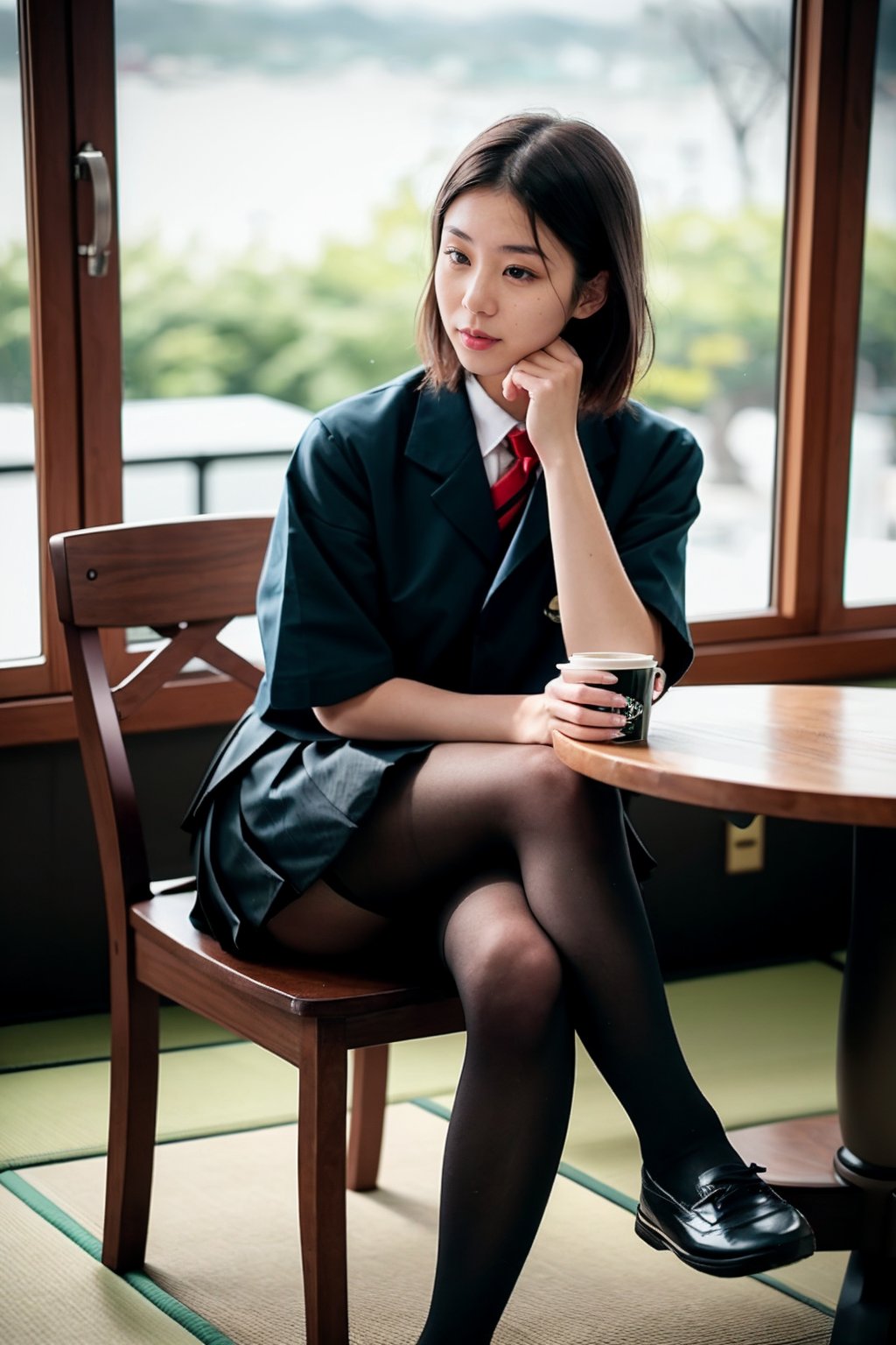 1 girl , taiwanese,  20_years old ,Asia, senior hight school, D cup, {{short_hair the ends are cut around chin length}}, Sailor suit uniform, skirt, {{4K_quality}}, ((japanese_JK_uniform)), Extremely Realistic, smaller head,studentofMisery, Fujifilm_camera , Aperture _F1.4, XF56mmF1.4 ,full-body shot, Bokeh, IG: iwakura shiori, stockings,canvas shoes, seat on the chair, {{window next to starbucks}}, Backlight, sideways ,{{ silhouette}}, indoor only sun light,time is 3P.M.,  turning head to look like a camera, No light indoors, light only form windows,Hands on the table, one hand resting on the chin, coffee cup on the table, film_style, cross her legs, Zettai Ryōiki