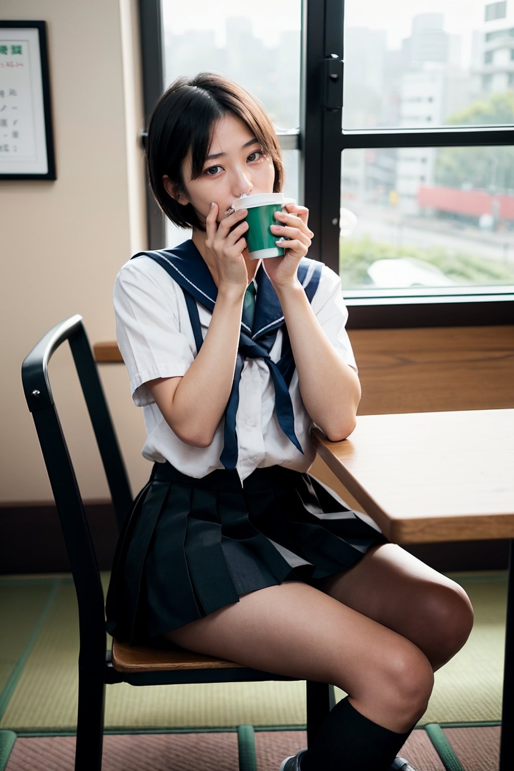 1 girl , taiwanese,  25_years old ,Asia, senior hight school, D cup, {{short_hair the ends are cut around chin length}}, Sailor suit uniform, skirt, {{4K_quality}}, ((japanese_JK_uniform)), Extremely Realistic, smaller head,studentofMisery, Fujifilm_camera , Aperture _F1.4, XF56mmF1.4 ,full-body shot, Bokeh, IG: iwakura shiori, stockings,canvas shoes, seat on the chair, {{window next to starbucks}}, Backlight, sideways ,{{ silhouette}}, indoor only sun light,time is 3P.M.,  turning head to look like a camera, No light indoors, light only form windows,Hands on the table, one hand resting on the chin, coffee cup on the table, film_style, cross her legs, Zettai Ryōiki